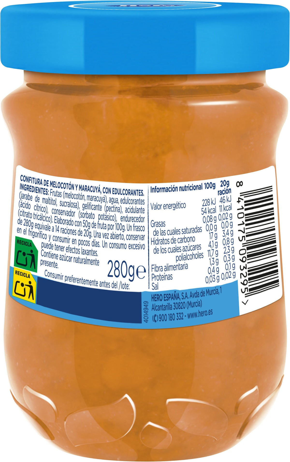 Confitura diet melocoton y maracuya Hero 280g