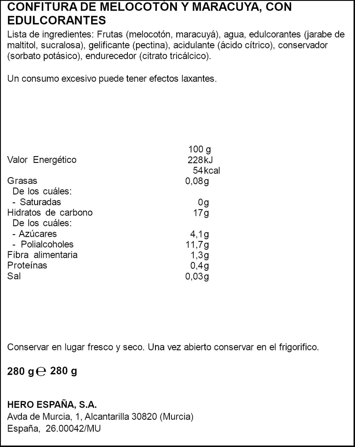 Confitura diet melocoton y maracuya Hero 280g