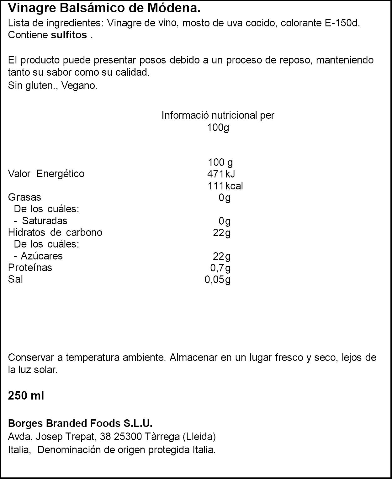 Vinagre balsamico modena igp cristal Borges 250ml