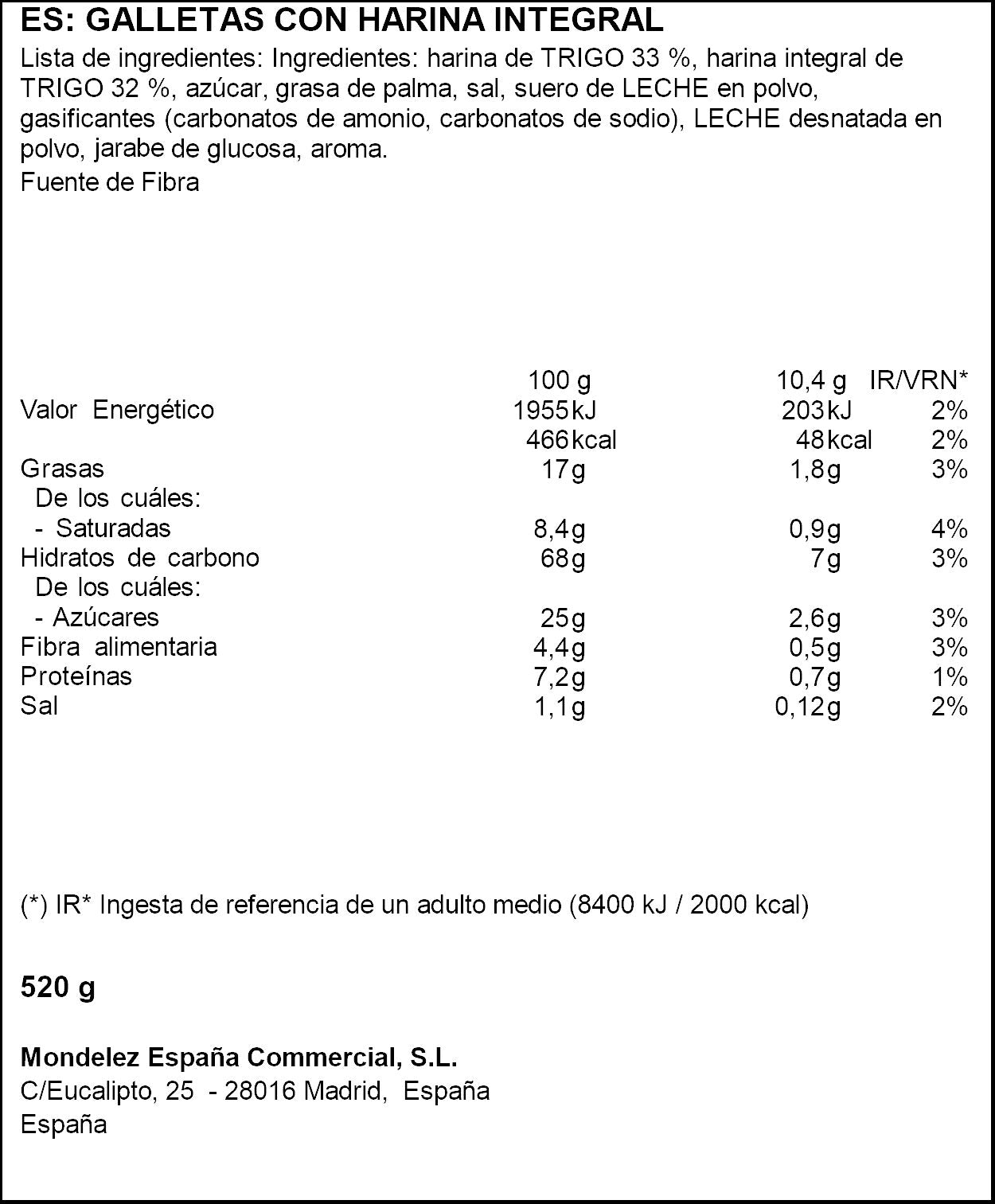 Galleta maría integral marielu Fontaneda 520g