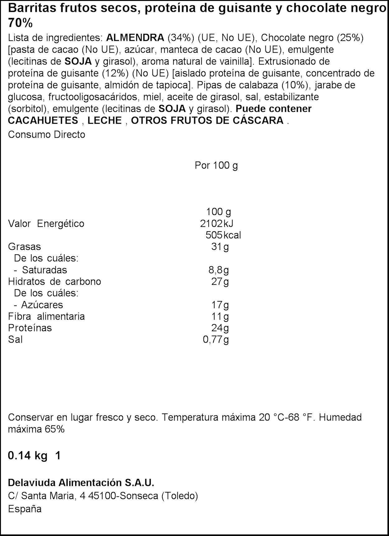 Barrita cereales proteina/chocolate negro 70% Delaviuda 140g