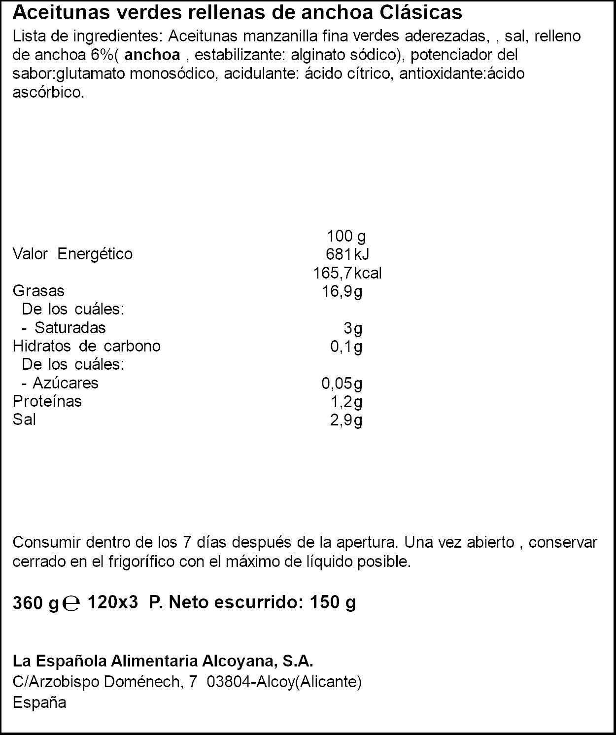 Aceituna verde rellenas anchoa lata la Española p3 50g/u escurr