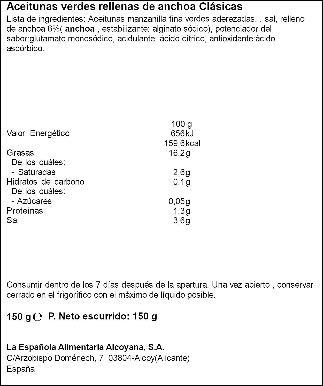 Aceituna verde rellenas anchoa lata la española 150g escurr