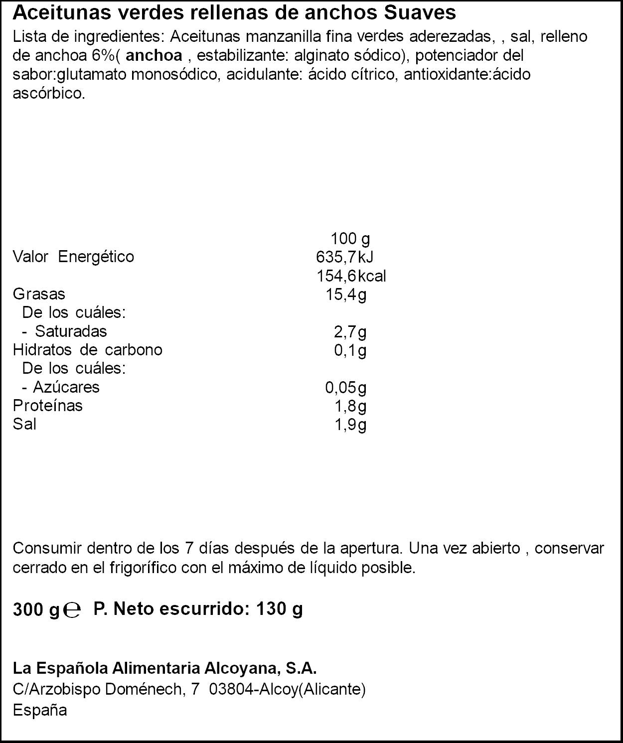 Aceituna verde rellena anchoa suave lata la Española 130g escurr