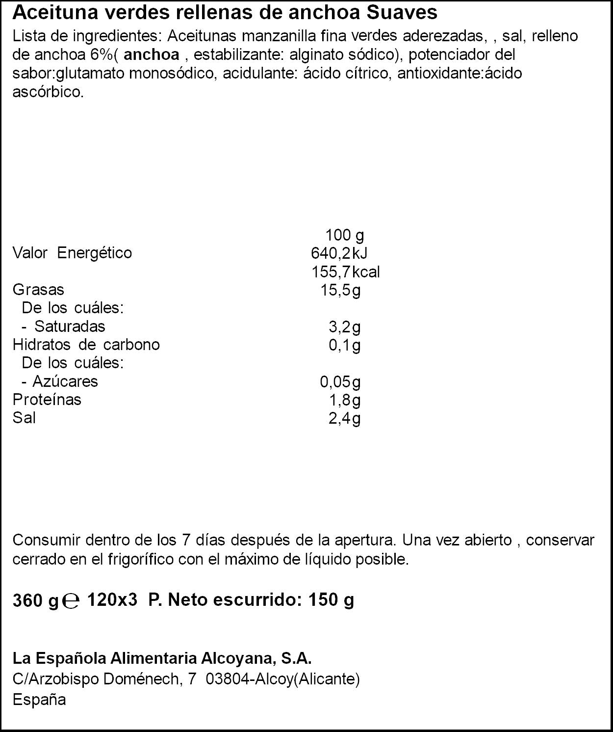 Aceituna verde rellena anchoa suave lata la Española p3 50g/u escurr