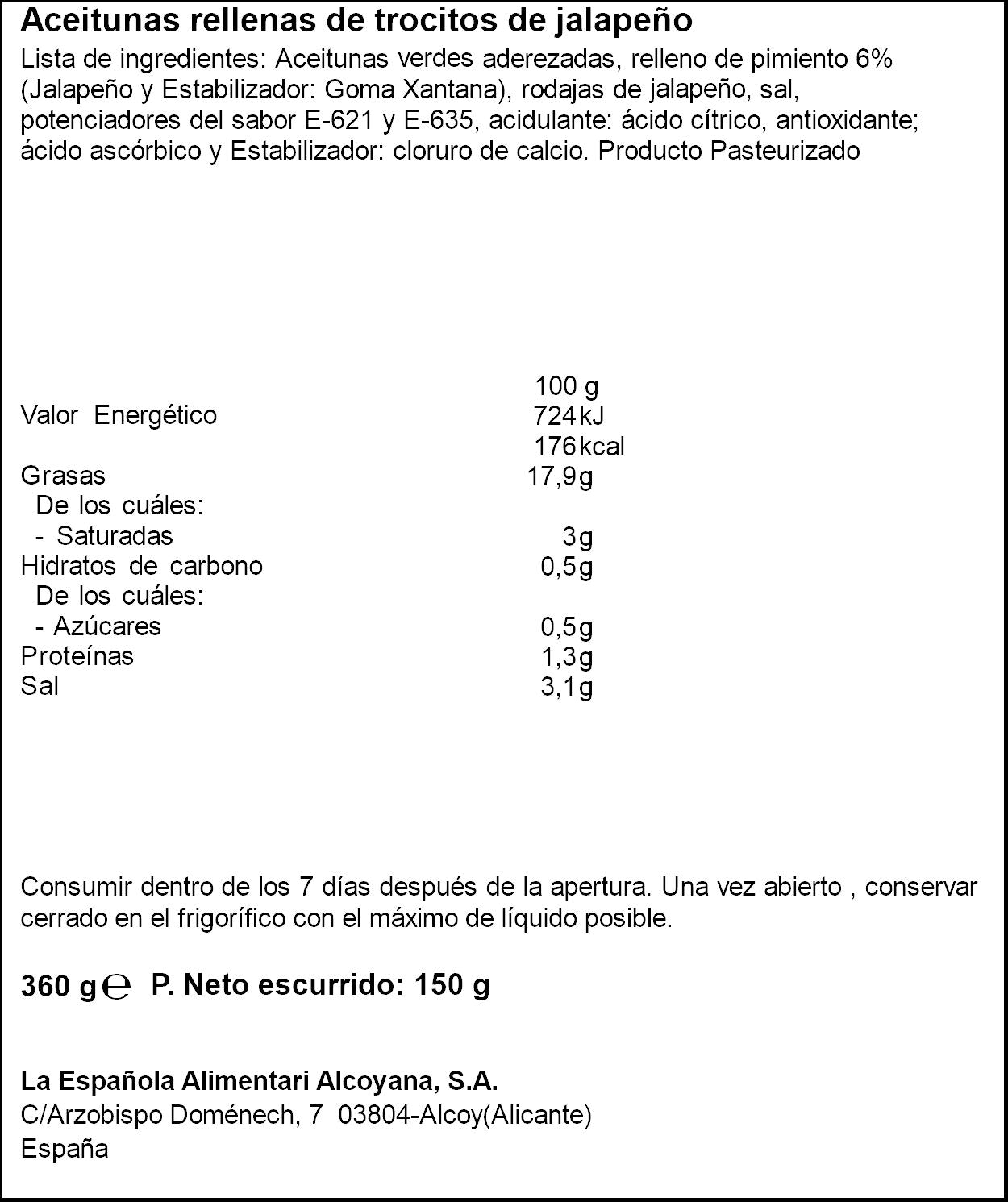 Aceitunas r/jalapeños picaras la Española 150g escurr