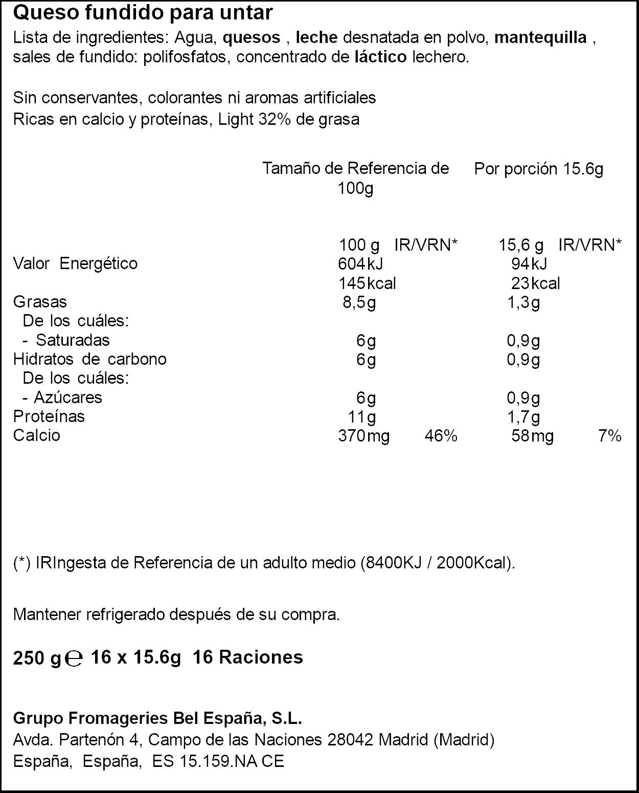 Queso fundido light porción La vaca que rie p16 250g