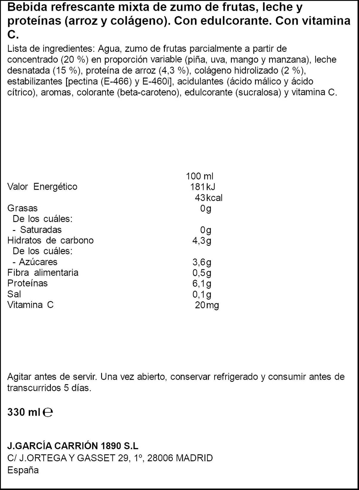 Bebida refrescante zumo frutas, leche y proteina Don simon 330ml