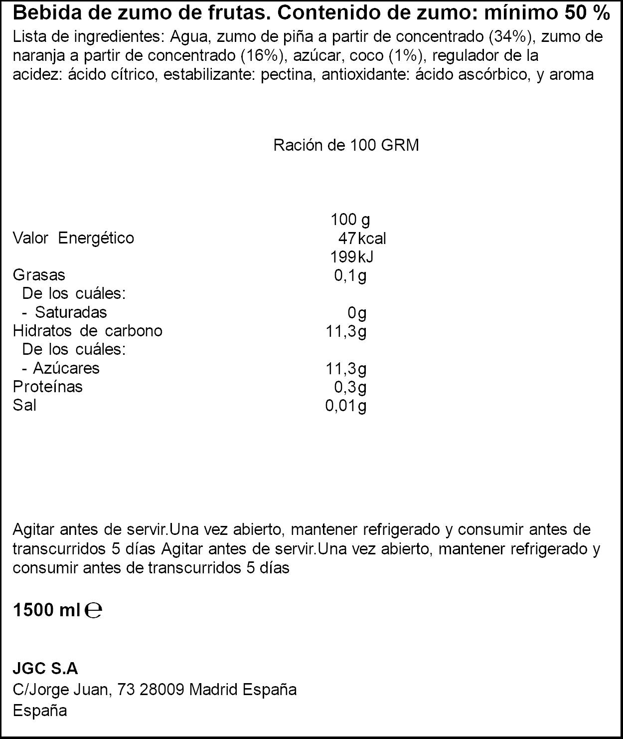 Bebida refresc zumo piñ/coco c/azuc Don simon 1.5l