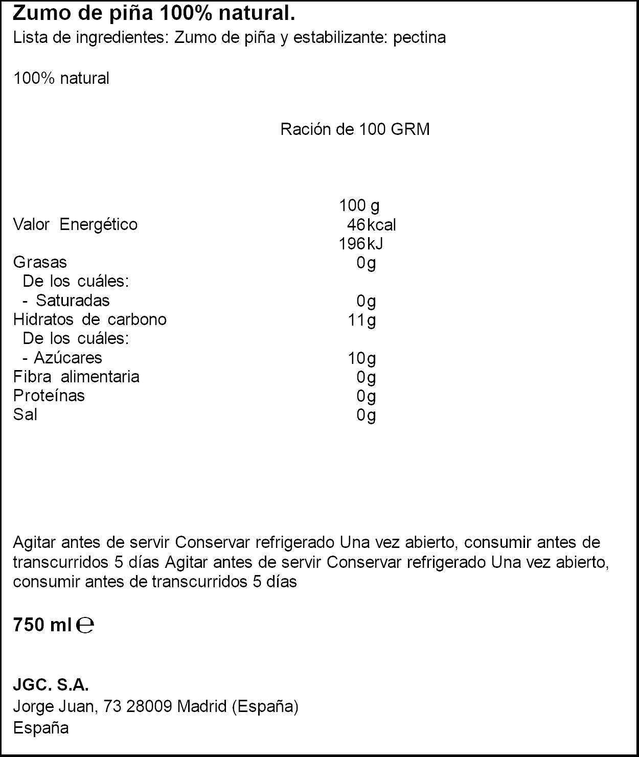 Zumo exprimido refrigerado piña huerta Don simon 750ml