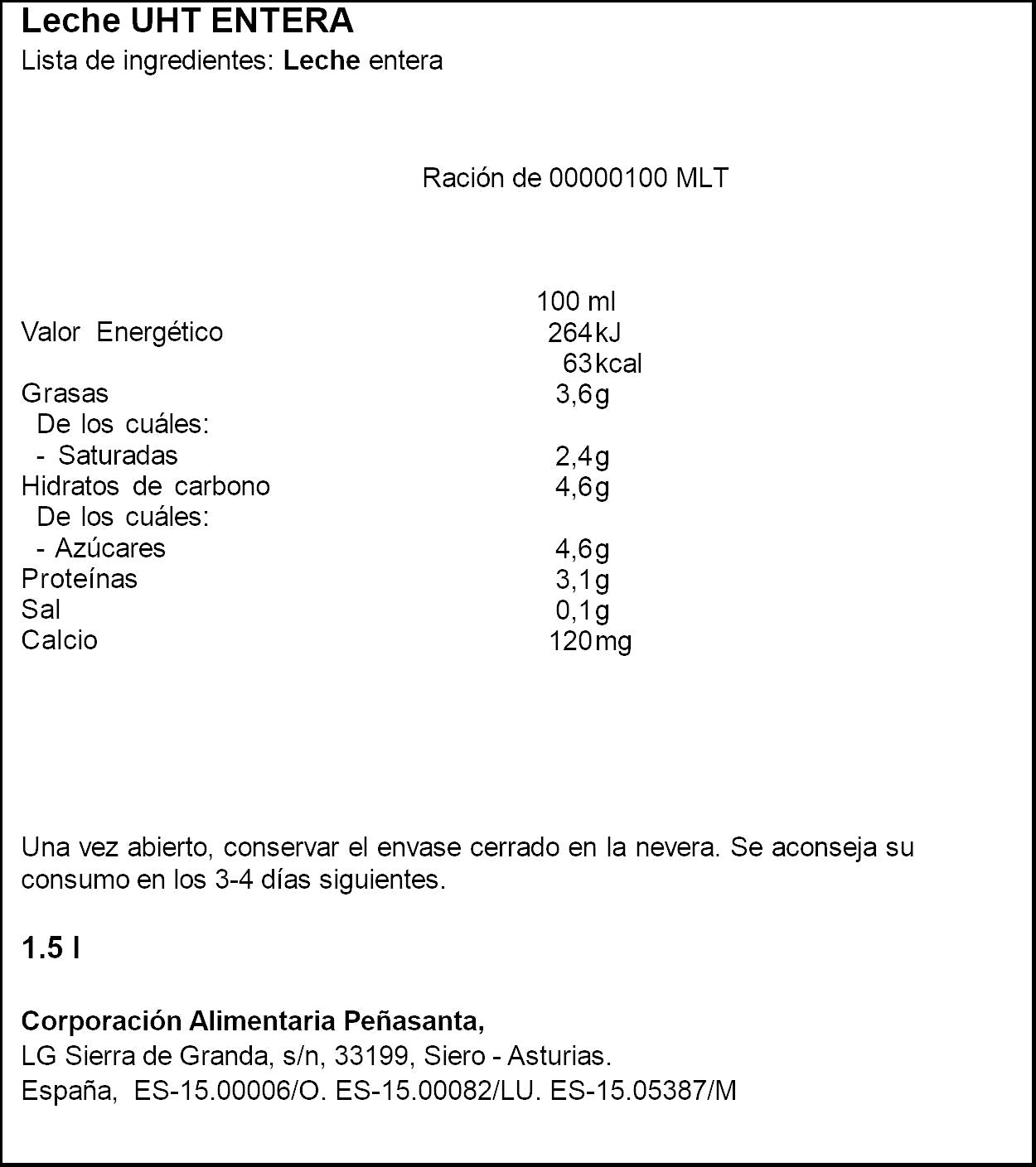 Leche entera botella Asturiana 1.5l