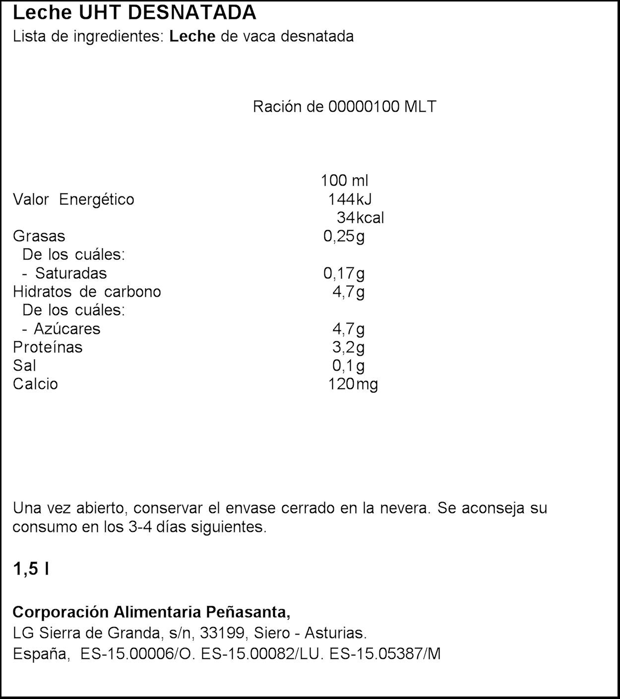 Leche desnatada botella Asturiana 1.5l