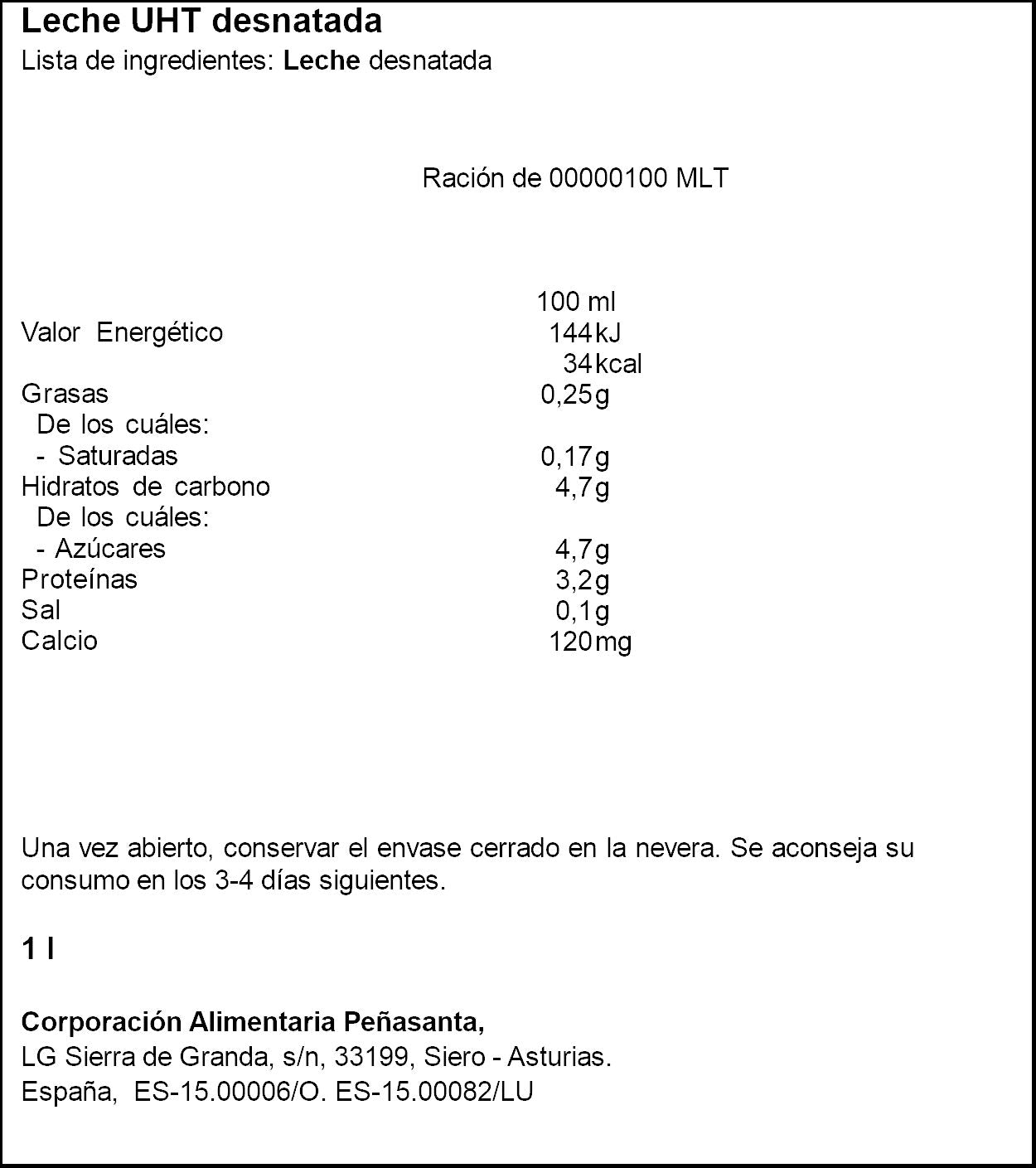 Leche desnatada brick Asturiana 1l