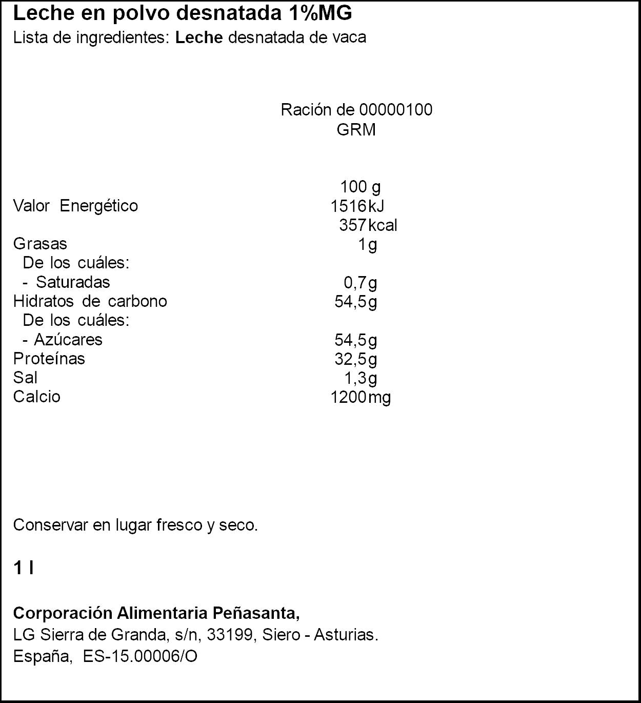 Leche polvo desnatada  Asturiana 1kg