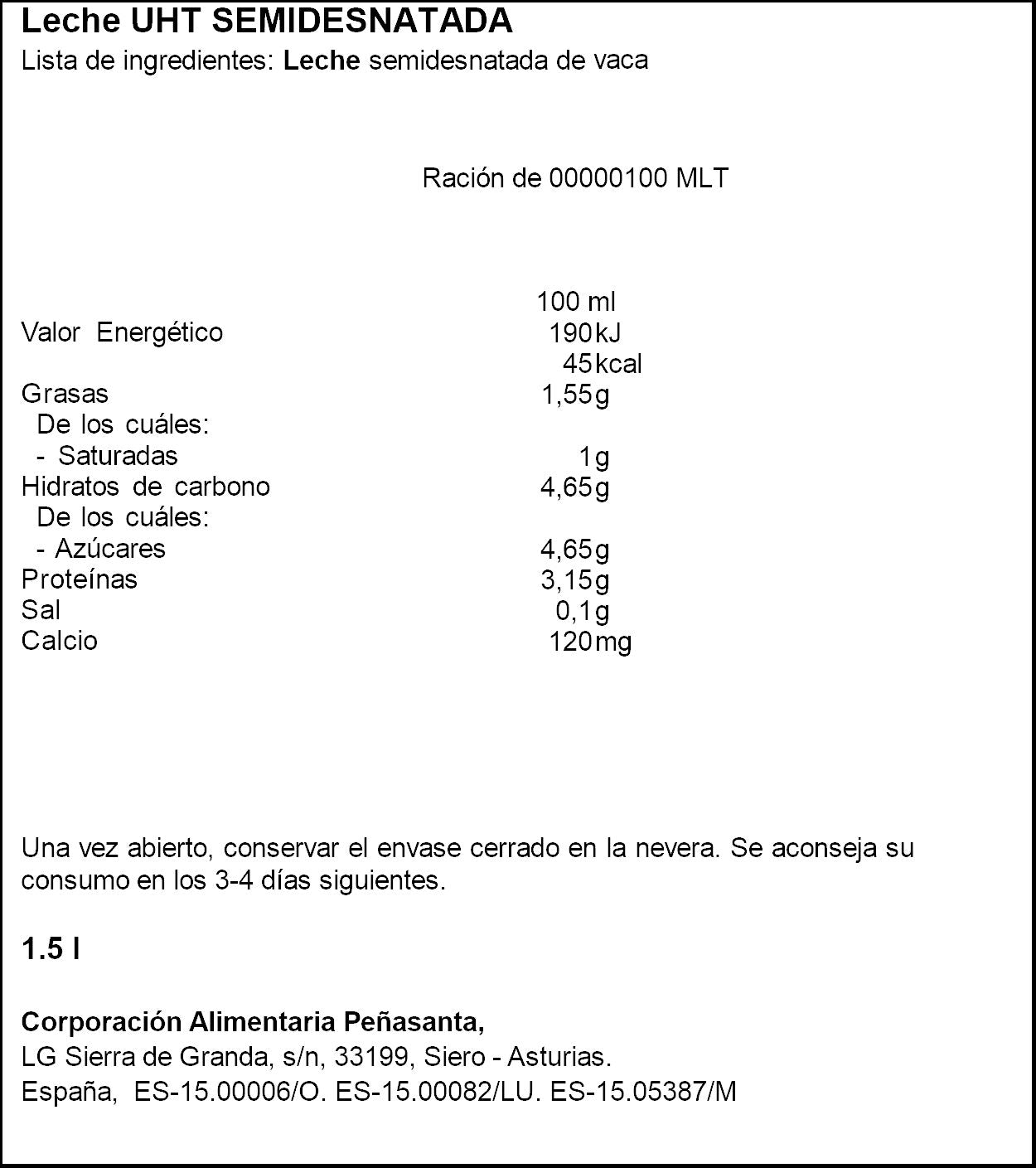 Leche semidesnatada botella Asturiana 1.5l