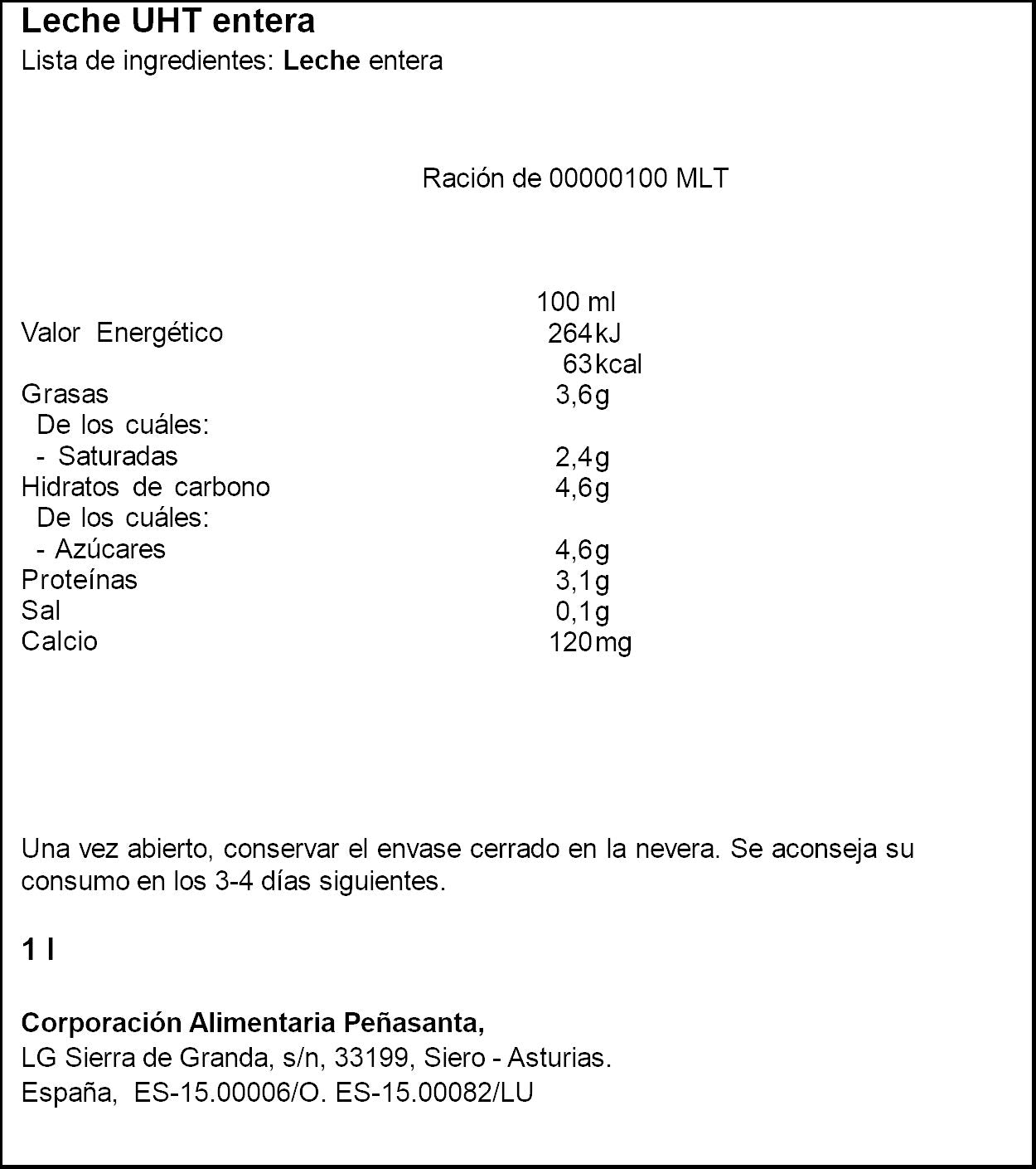 Leche entera brick Asturiana 1l