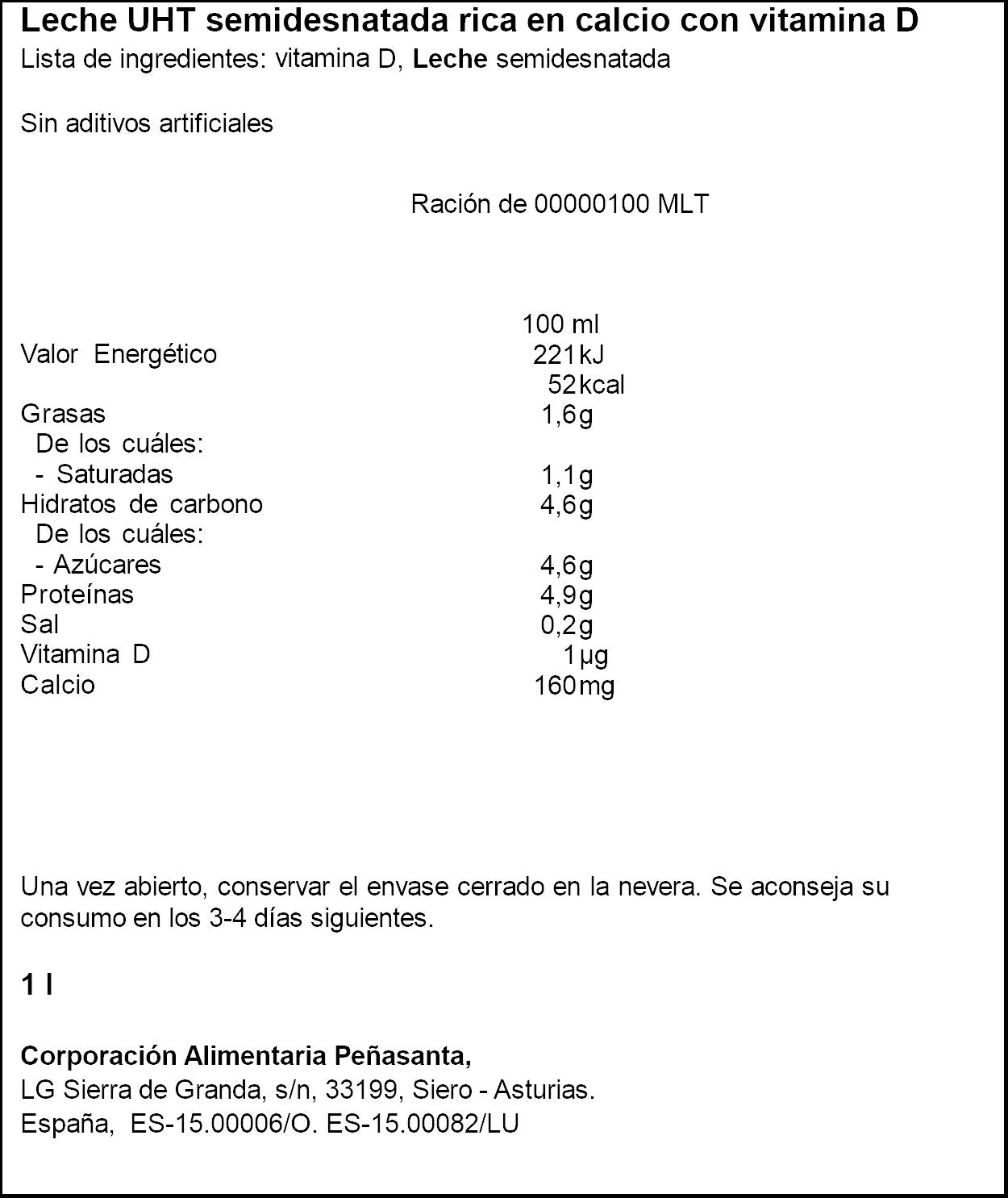 Leche semidesnatada calcio Asturiana 1l