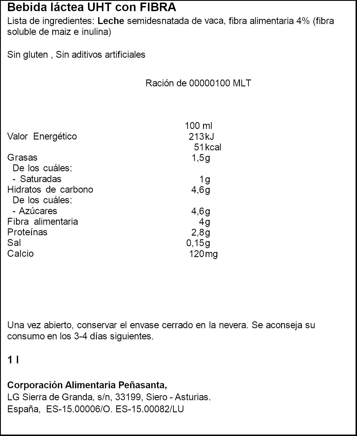 Leche semidesnatada fibra Asturiana 1l
