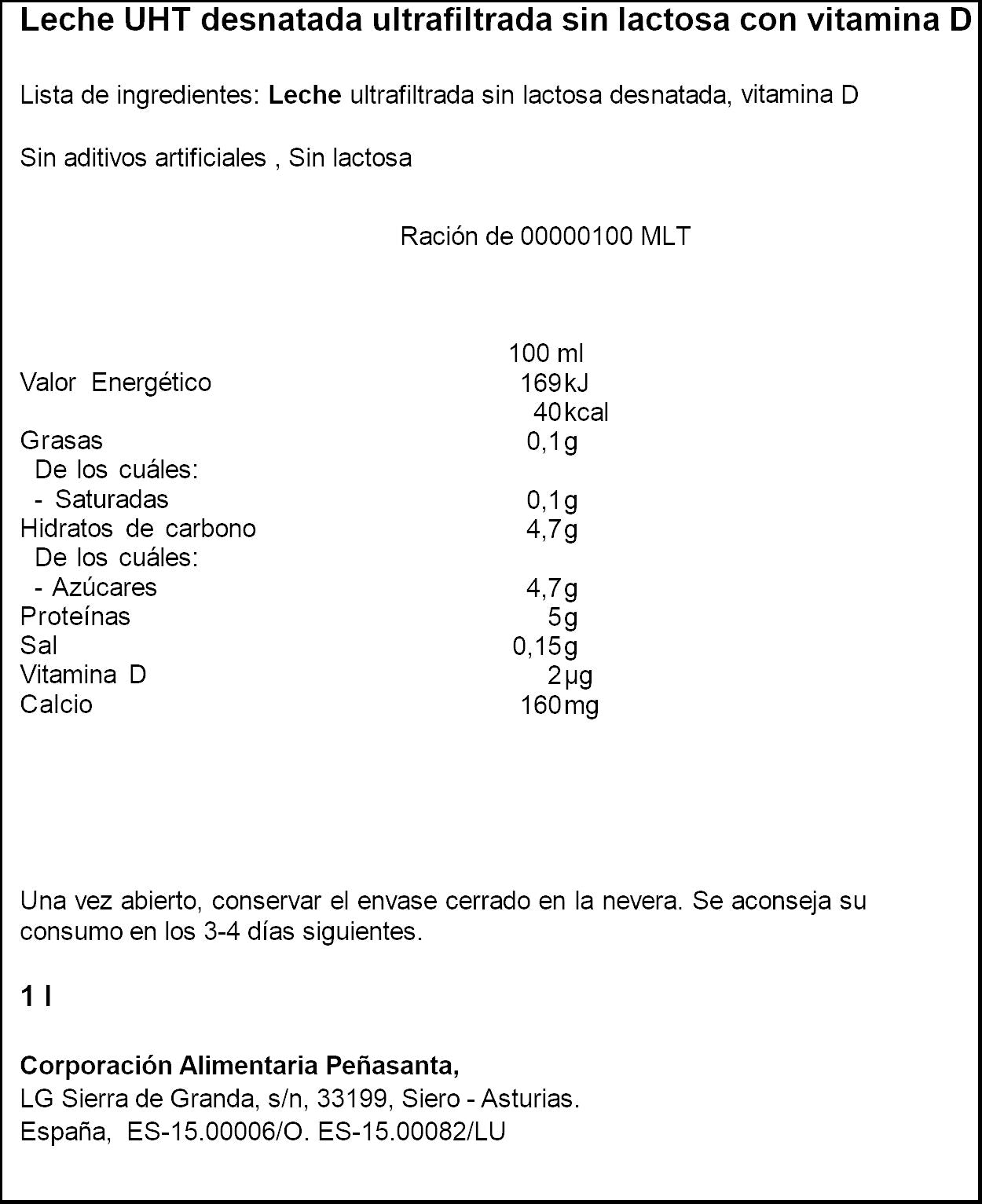 Leche desnatada suprema Asturiana 1l