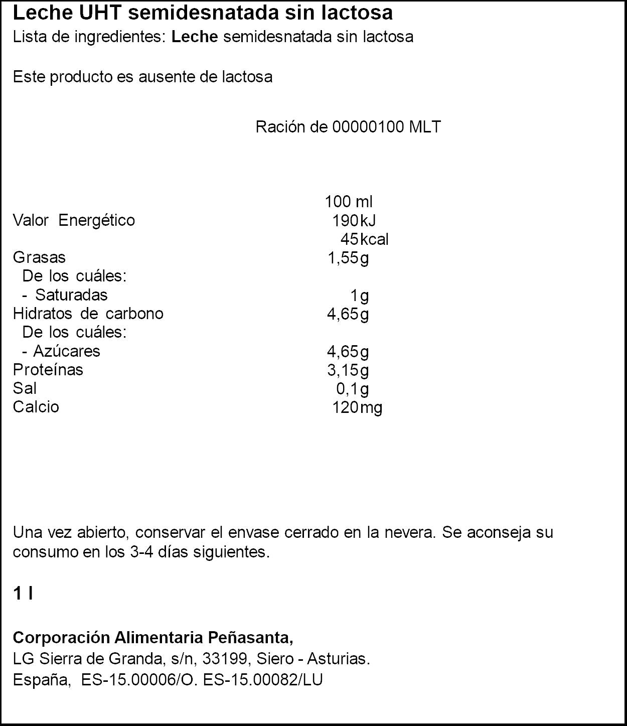 Leche semidesnatada s/lactosa Asturiana 1l