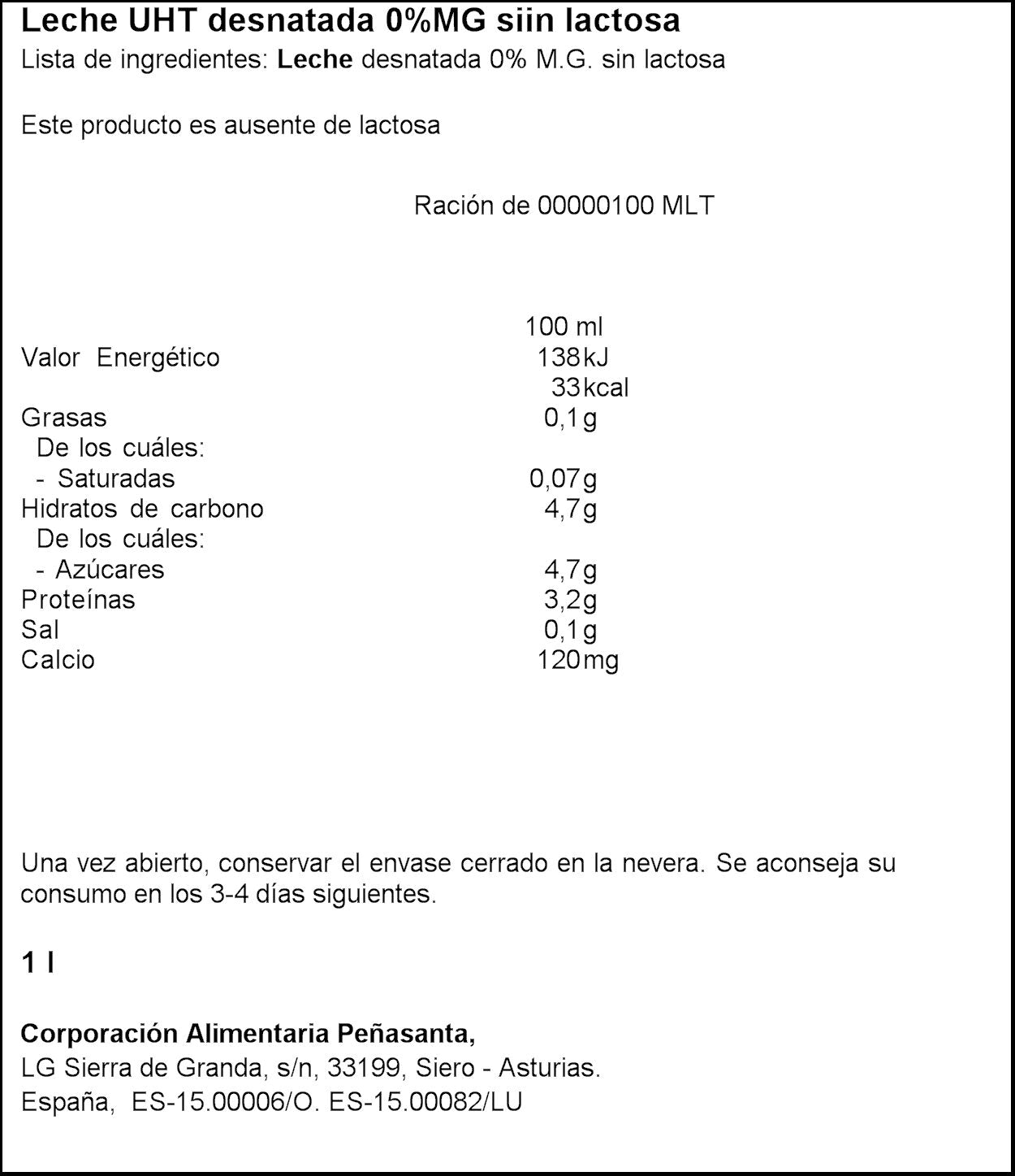 Leche desnatada s/lactosa Asturiana 1l