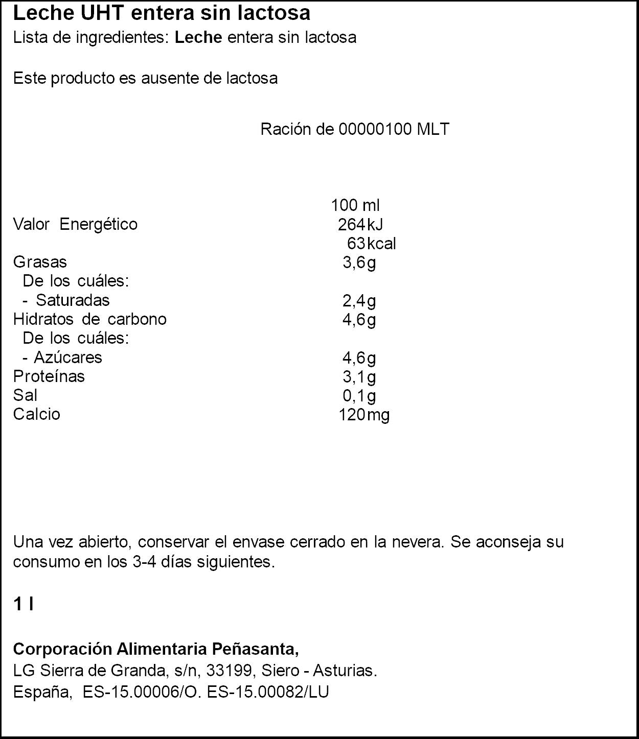 Leche entera s/lactosa Asturiana 1l