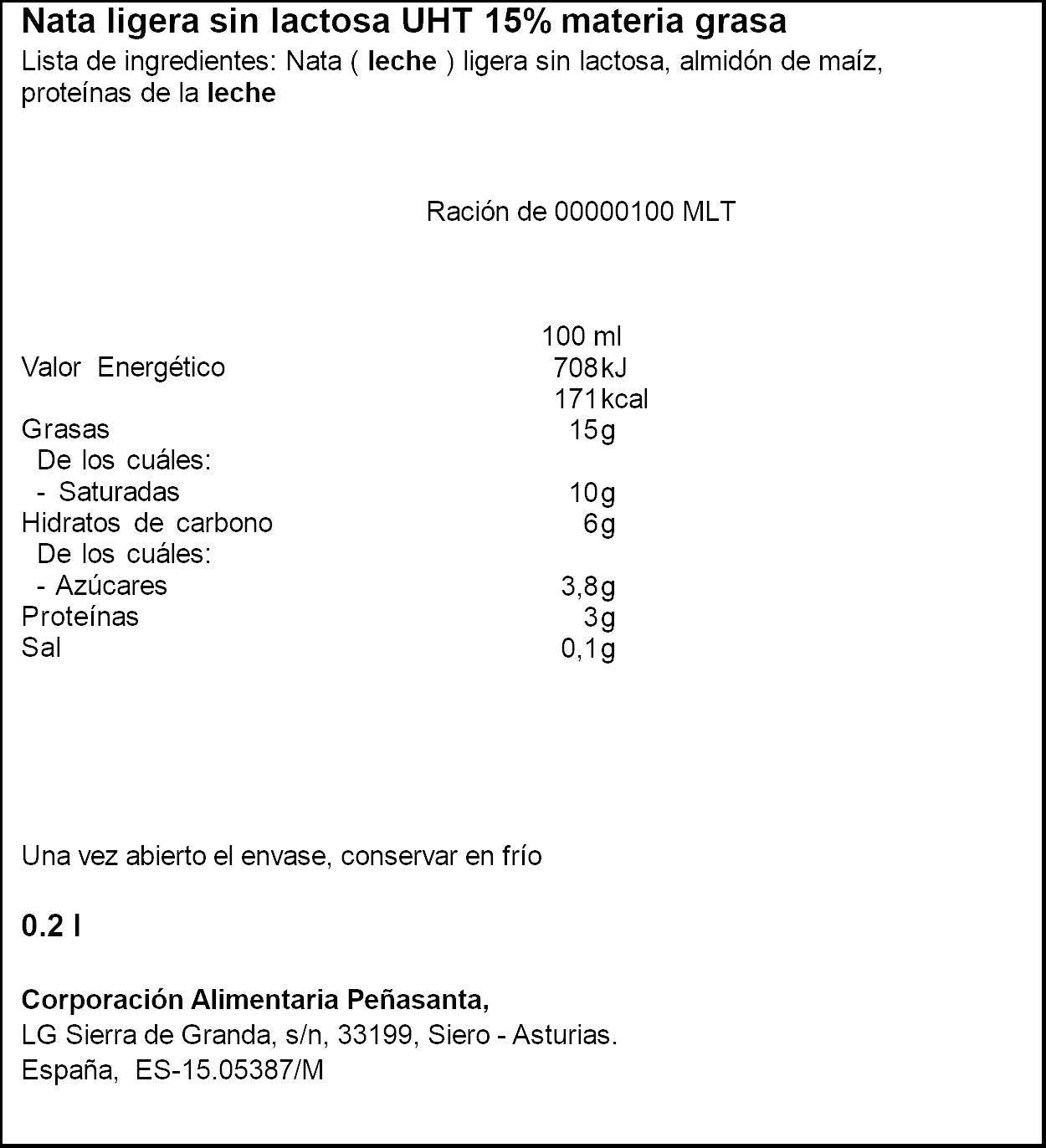 Nata cocina sin lactosa Asturiana 200g