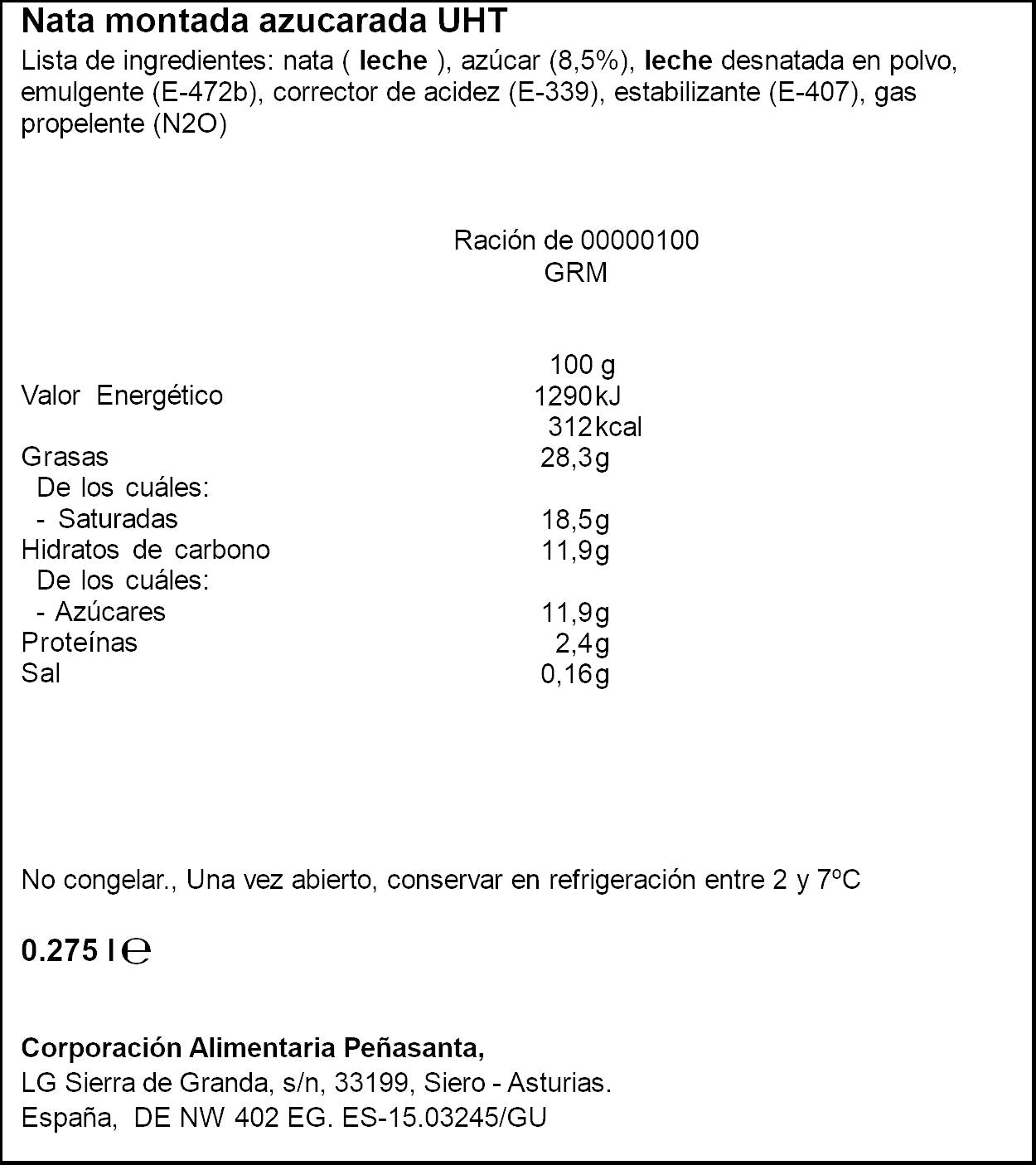 Nata spray clasica +10% gratis Asturiana 250ml