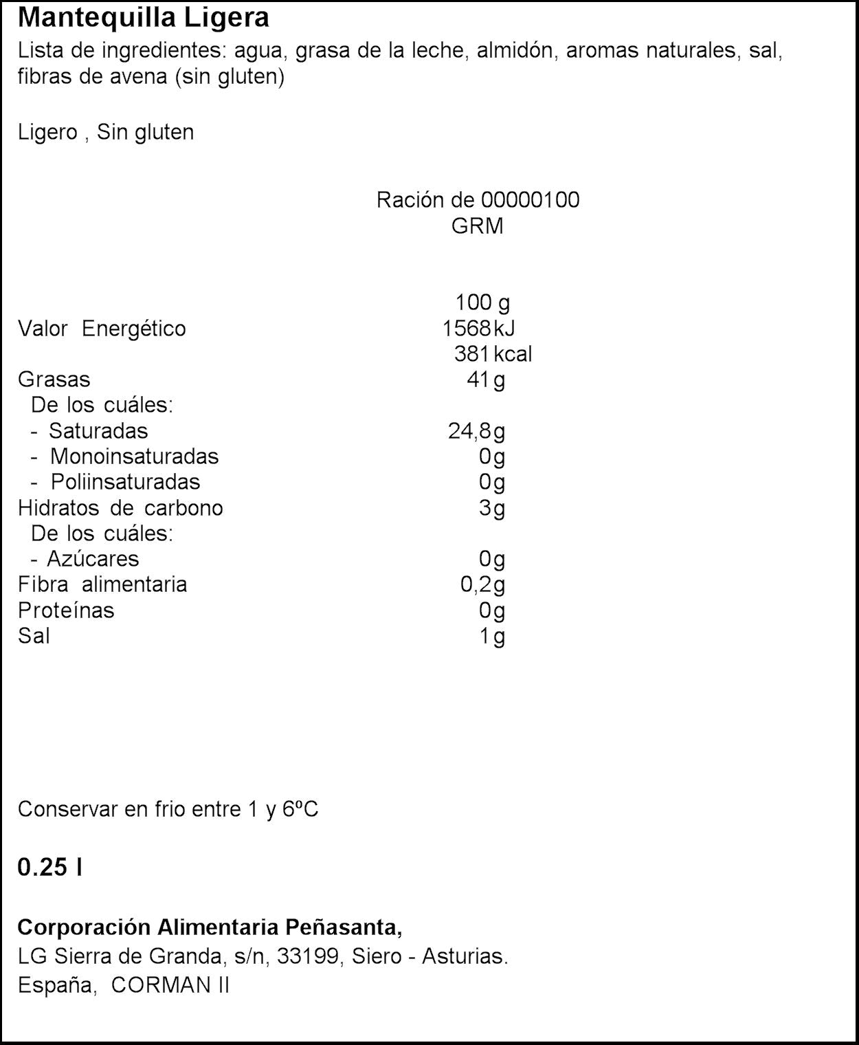 Mantequilla baja en calorias Asturiana ligera 250g