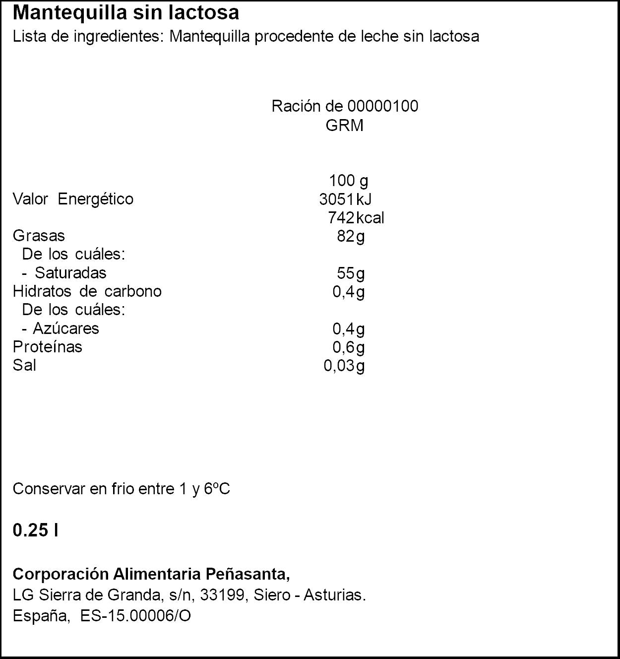 Mantequilla s/lactosa Asturiana 250g