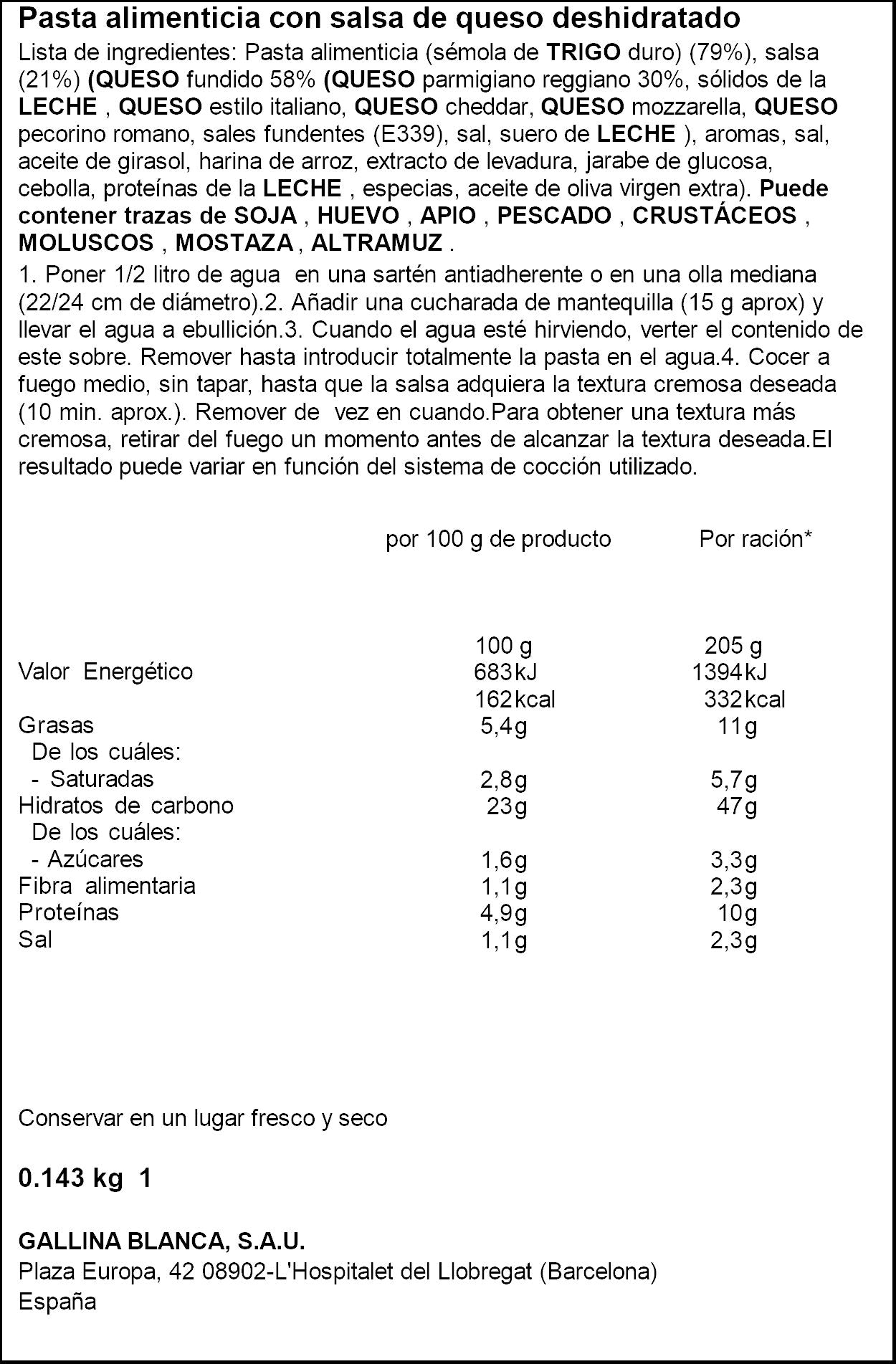 Tallarines parmesana Gallina blanca 145g