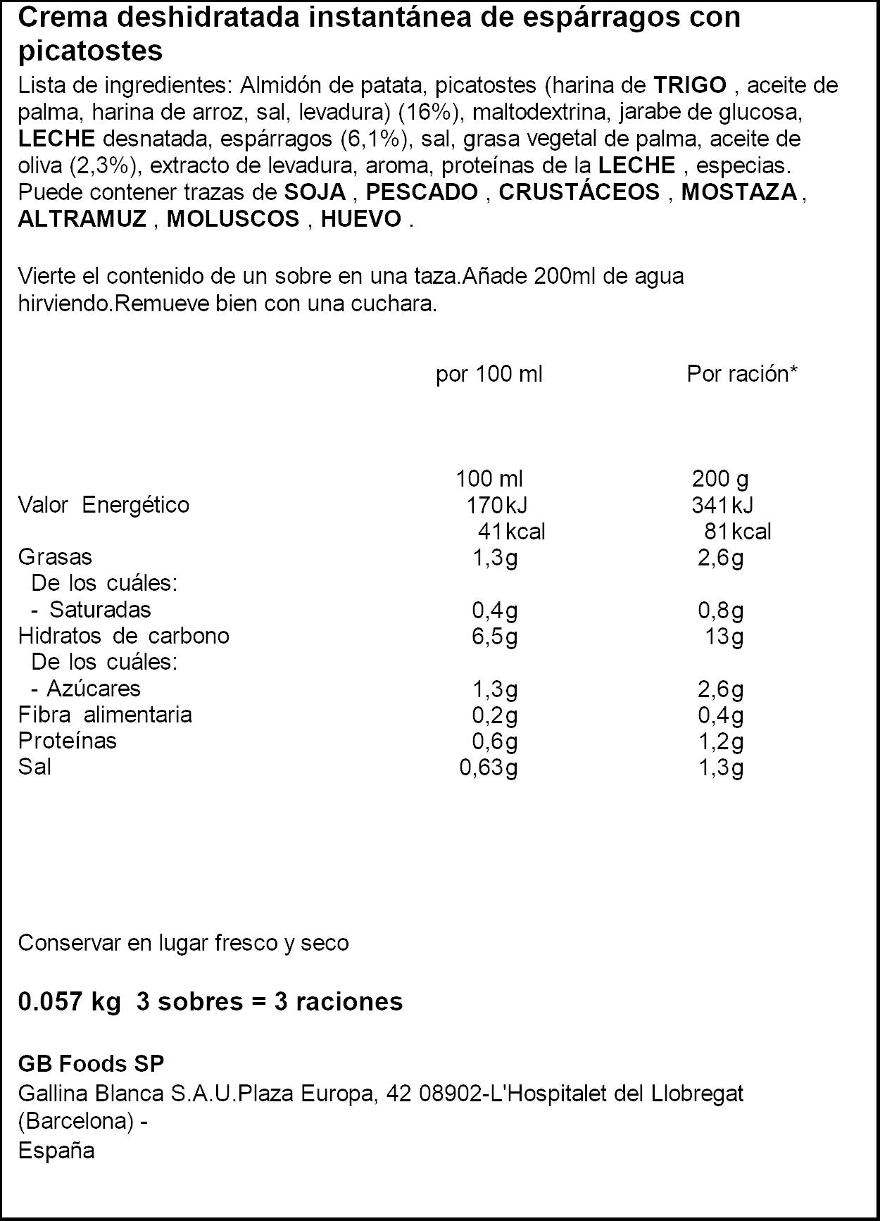 Sopa instantánea crema espárragos Sopinstant 57g