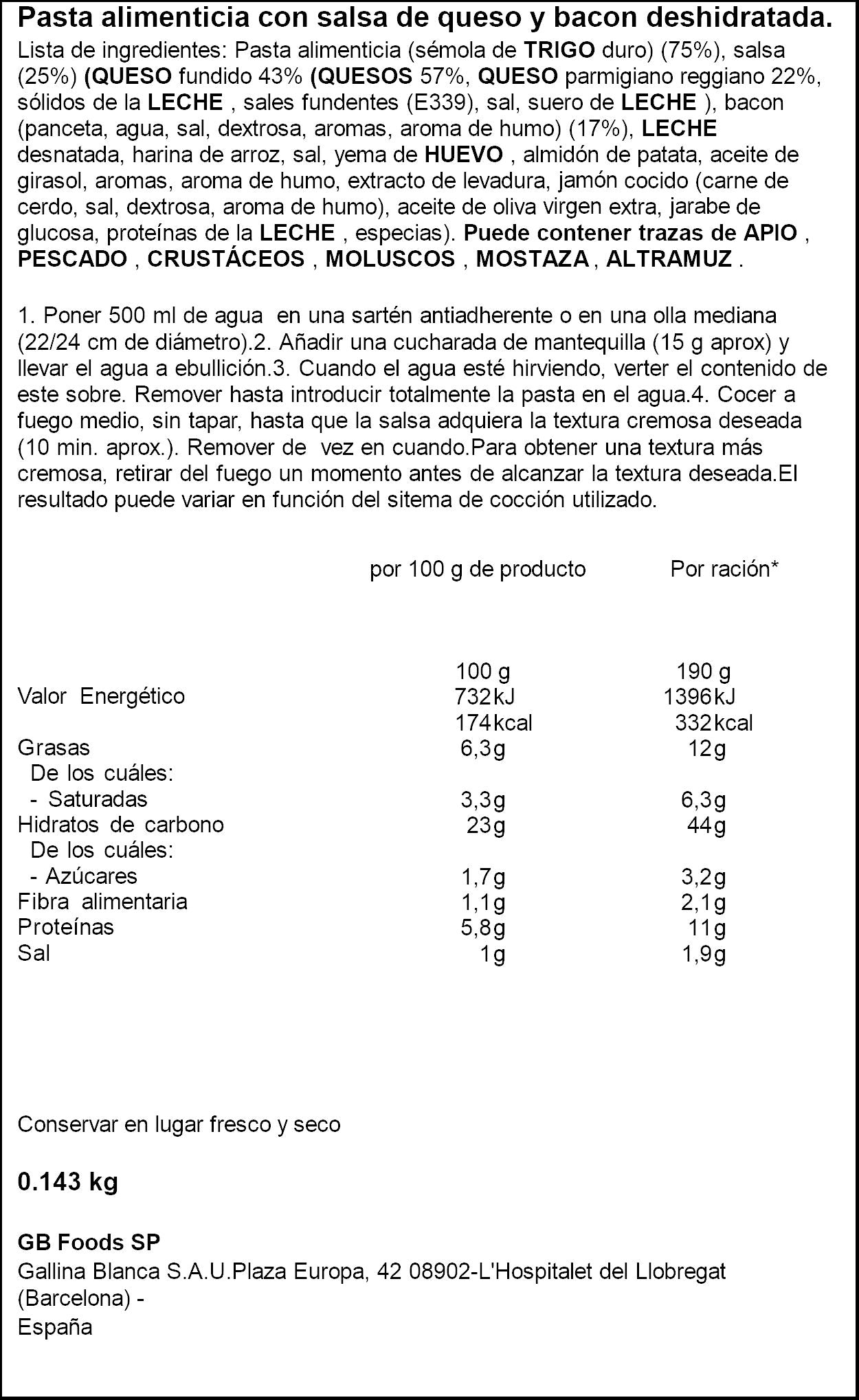 Tallarines carbonara Gallina blanca 145g