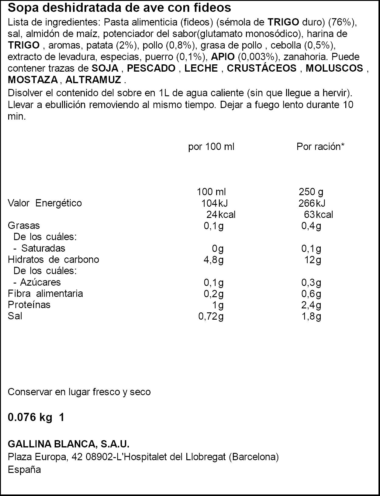Sopa sobre ave c/fideos Gallina blanca 85g