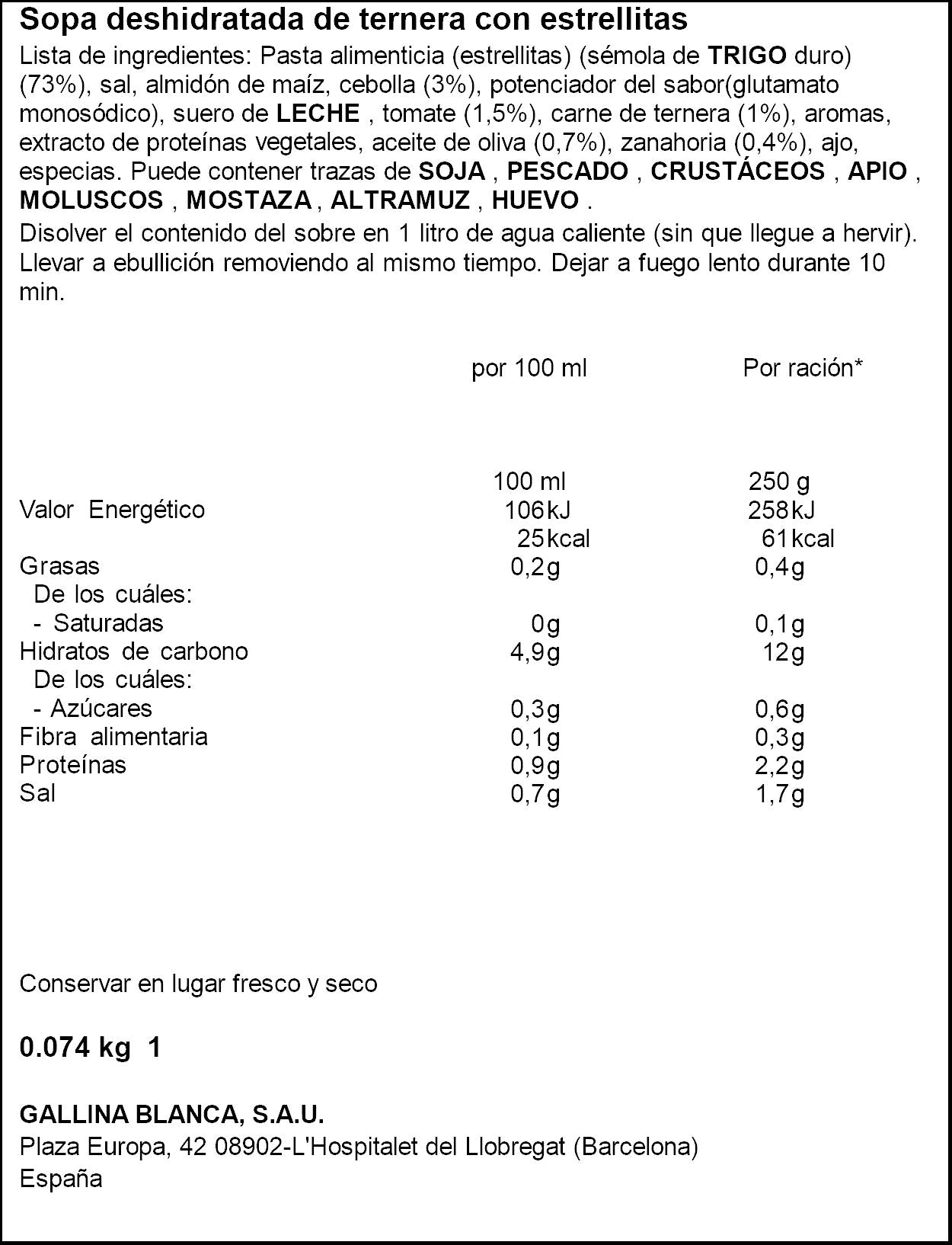Sopa sobre ternera c/estrellitas Gallina blanca 85g