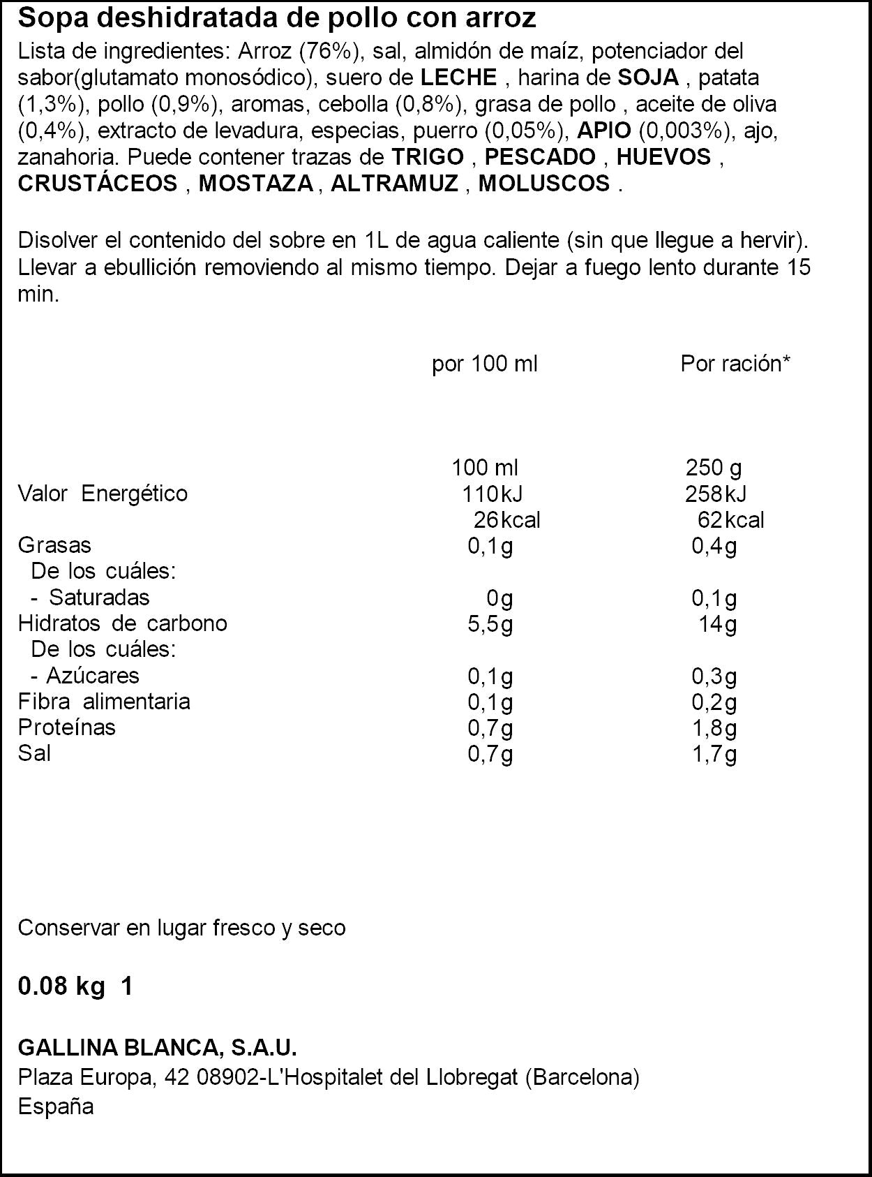 Sopa sobre ave c/arroz Gallina blanca 85g