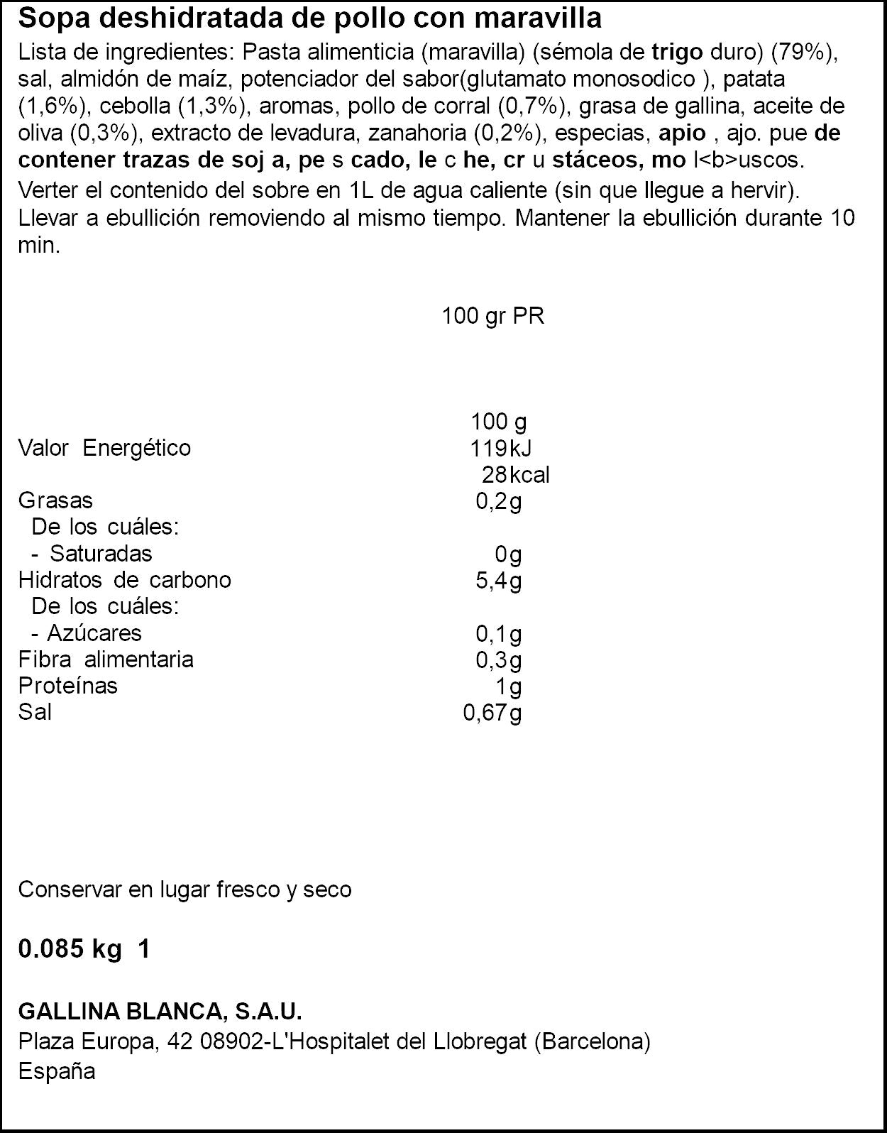 Sopa sobre pollo c/maravilla Gallina blanca 90g