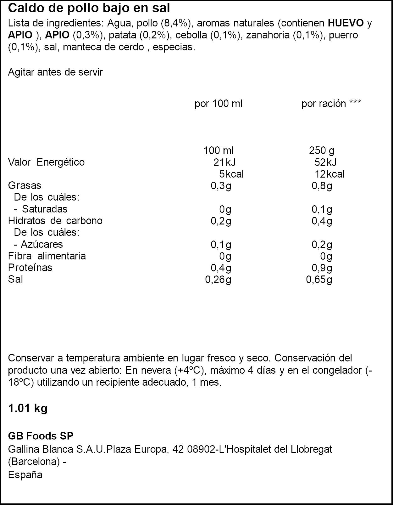 Caldo pollo 100% natural b/sal Gallina blanca 1l