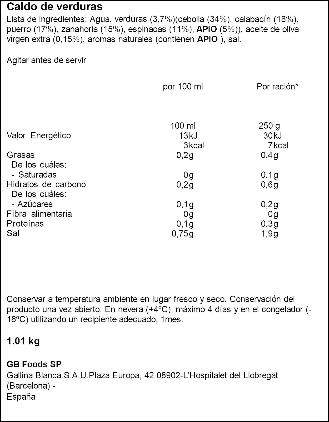 Caldo verduras 100% natural Gallina blanca 1l