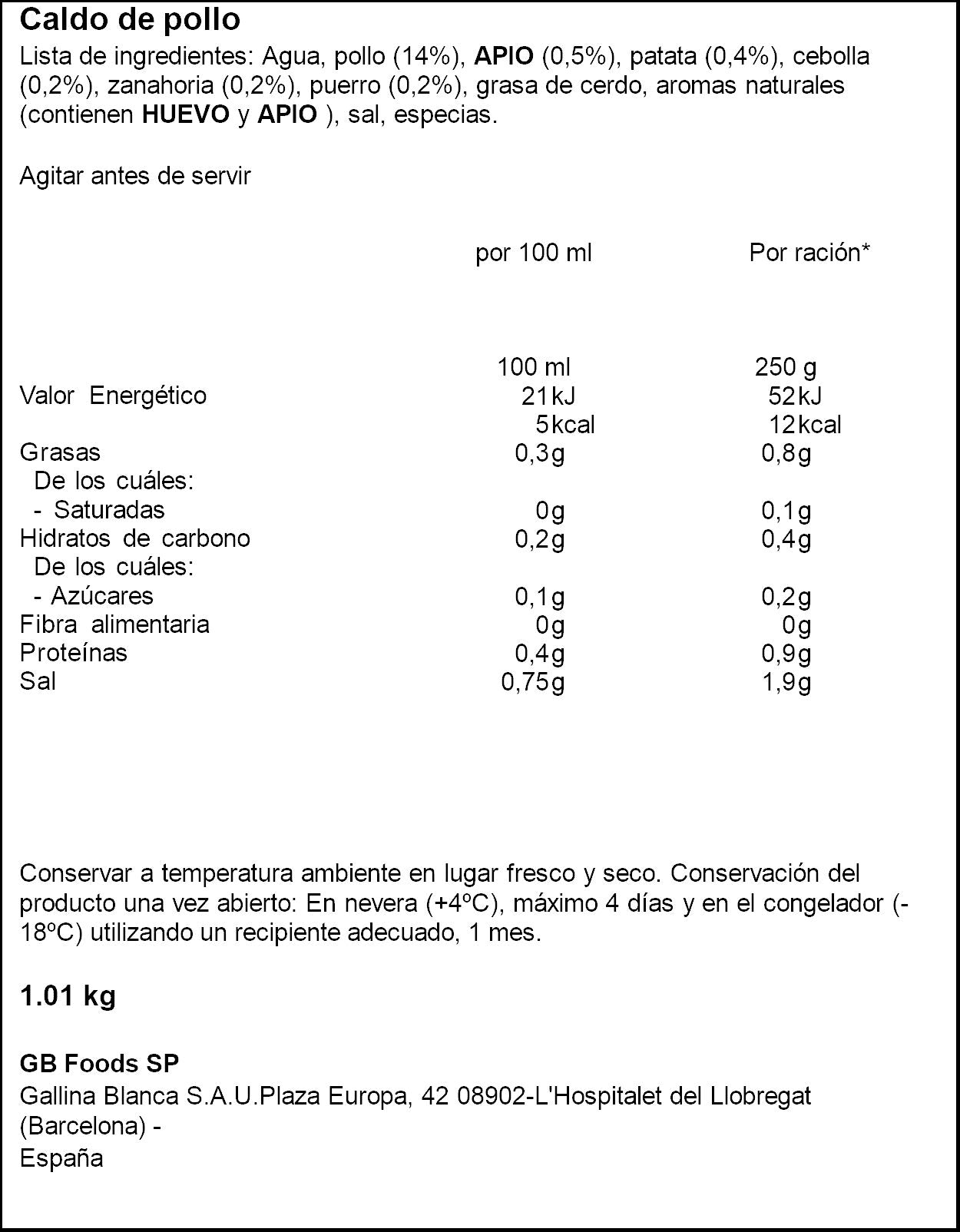 Caldo pollo 100% natural Gallina blanca 1l