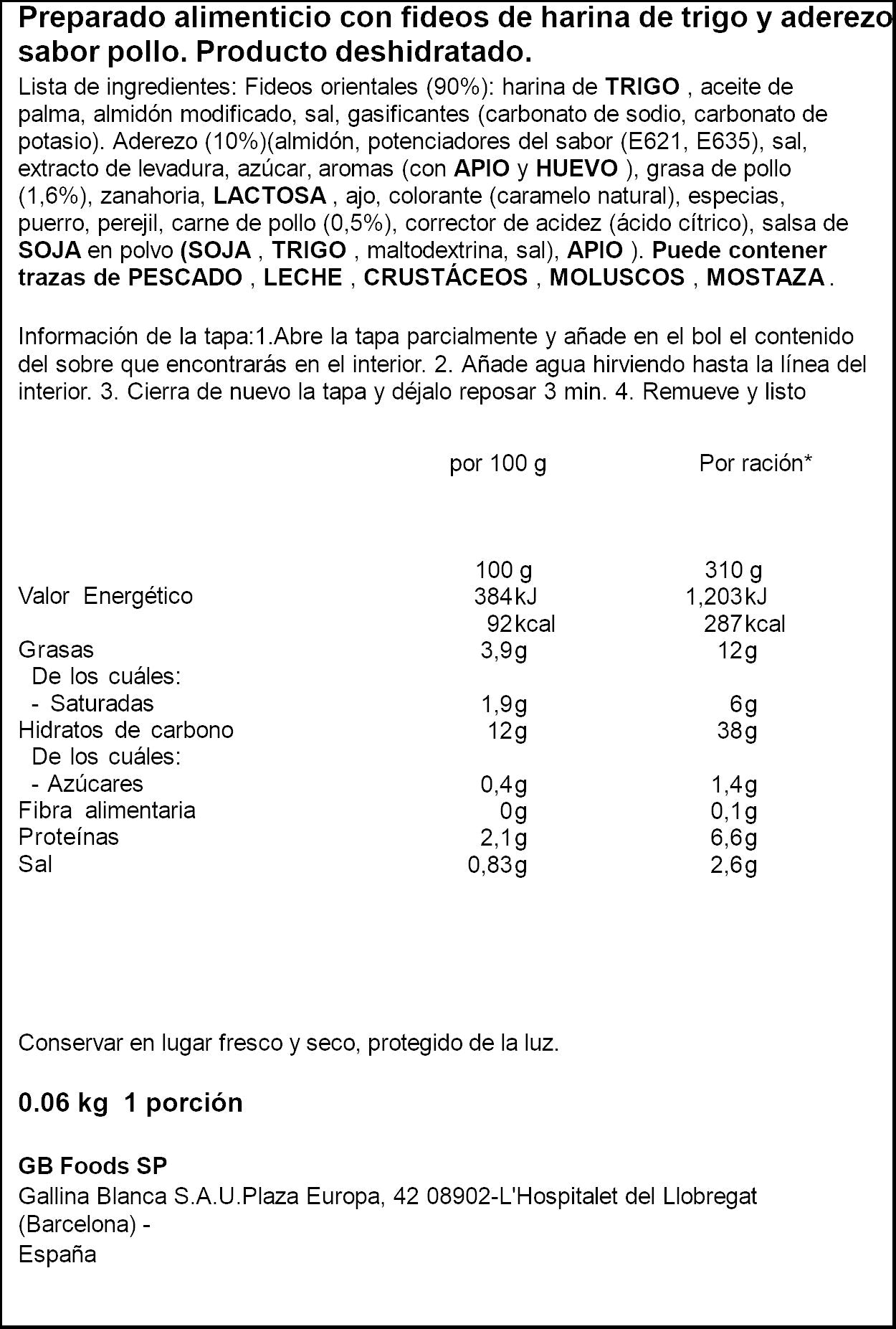 Fideos orientales pollo Yatekomo 60g