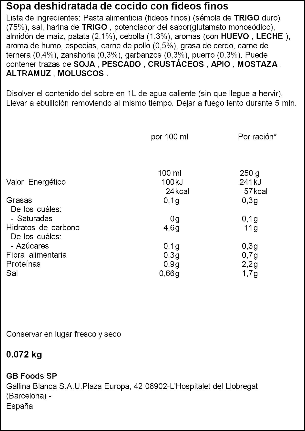 Sopa sobre cocido Gallina blanca 90g