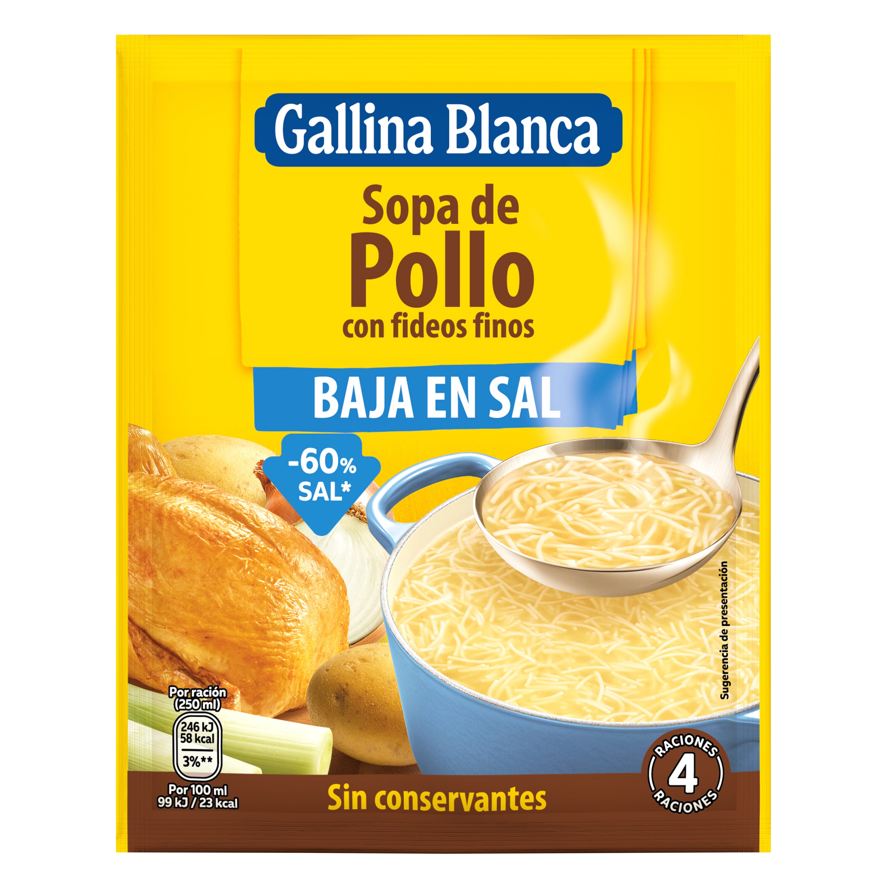 Sopa sobre pollo c/fideos b/sal Gallina blanca 85g