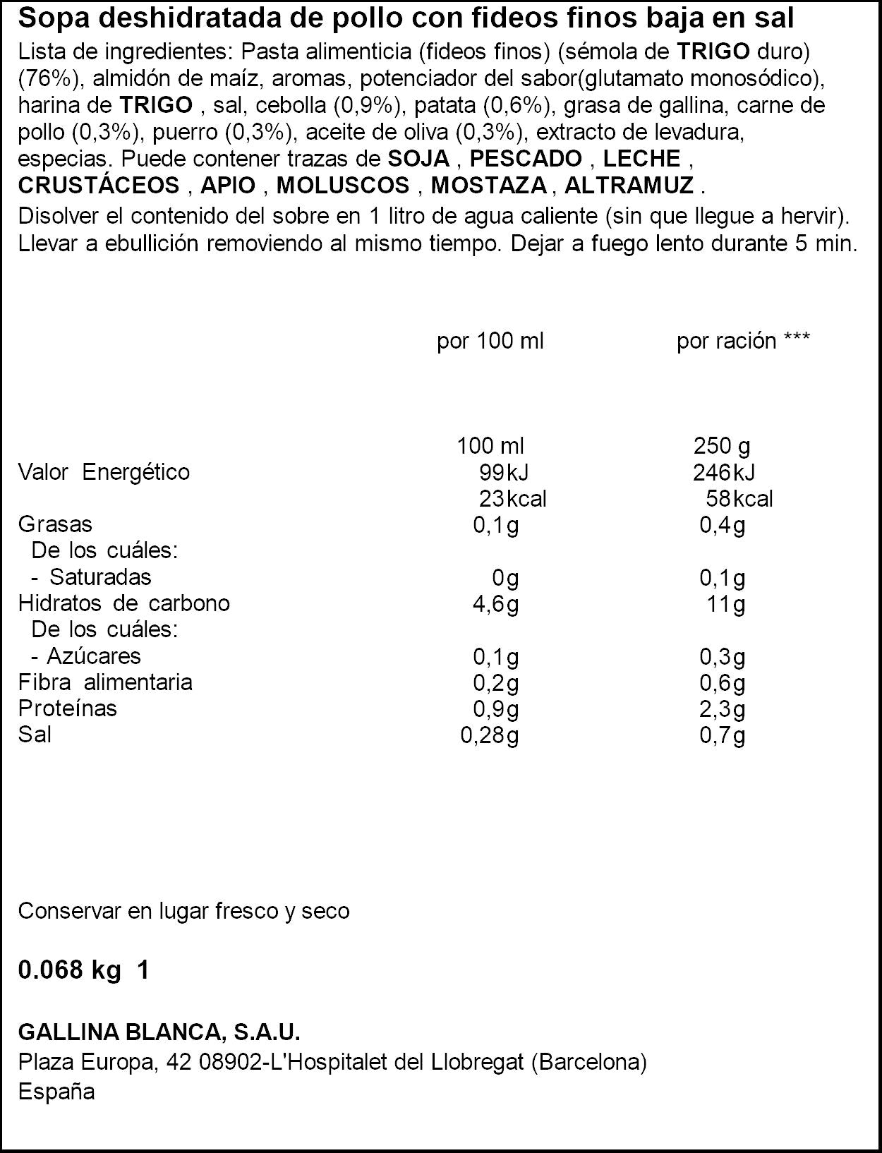 Sopa sobre pollo c/fideos b/sal Gallina blanca 85g