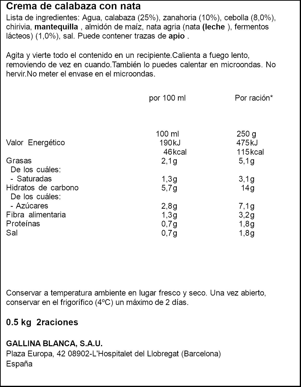 Crema verdura casera calabaza Gallina blanca 500ml