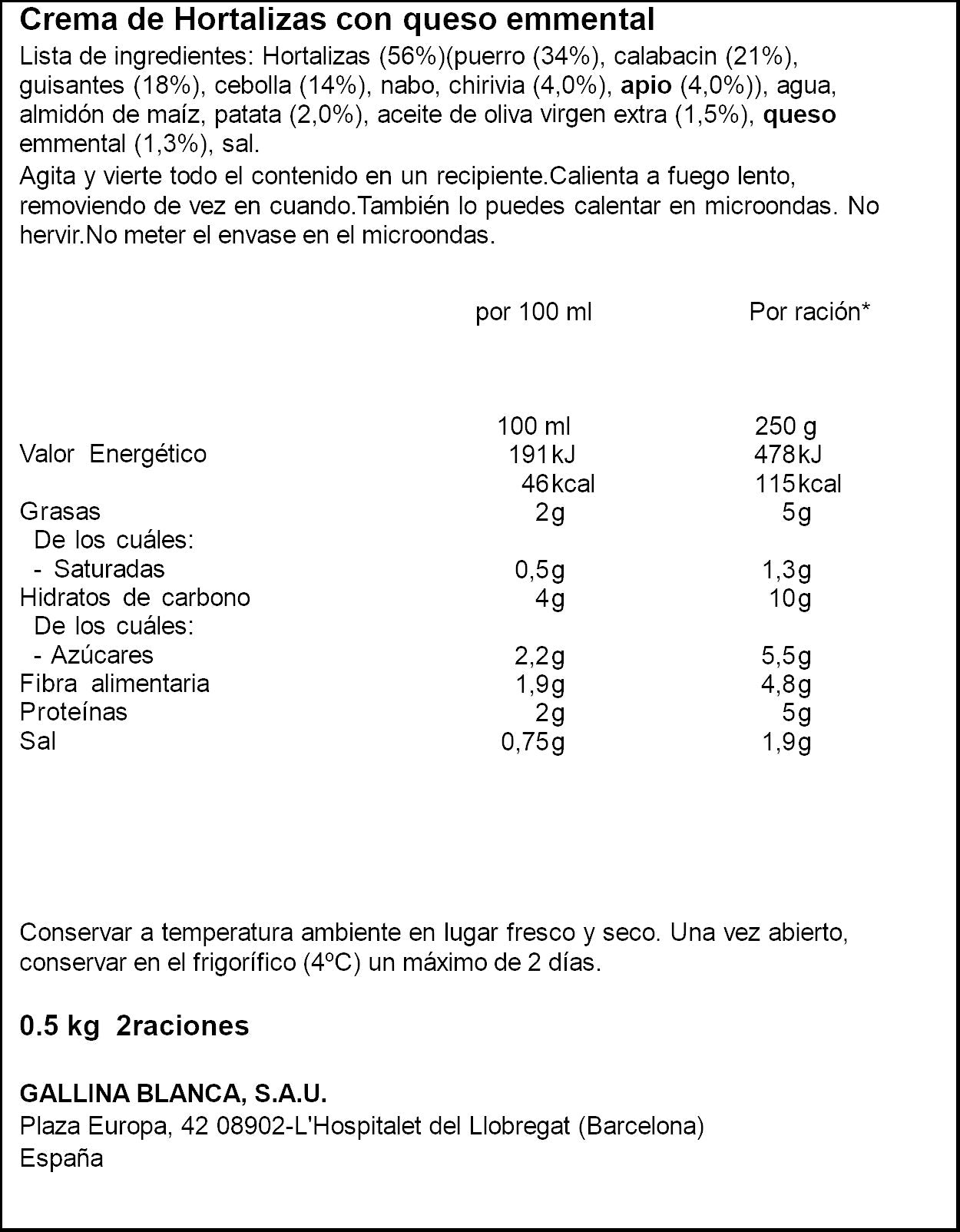 Crema verdura casera verdura Gallina blanca 500ml