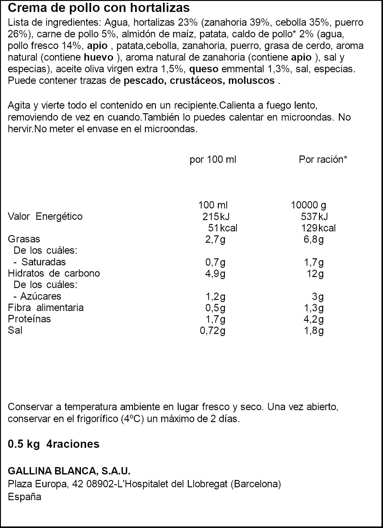 Crema verdura pollo/verdura Gallina blanca 500ml