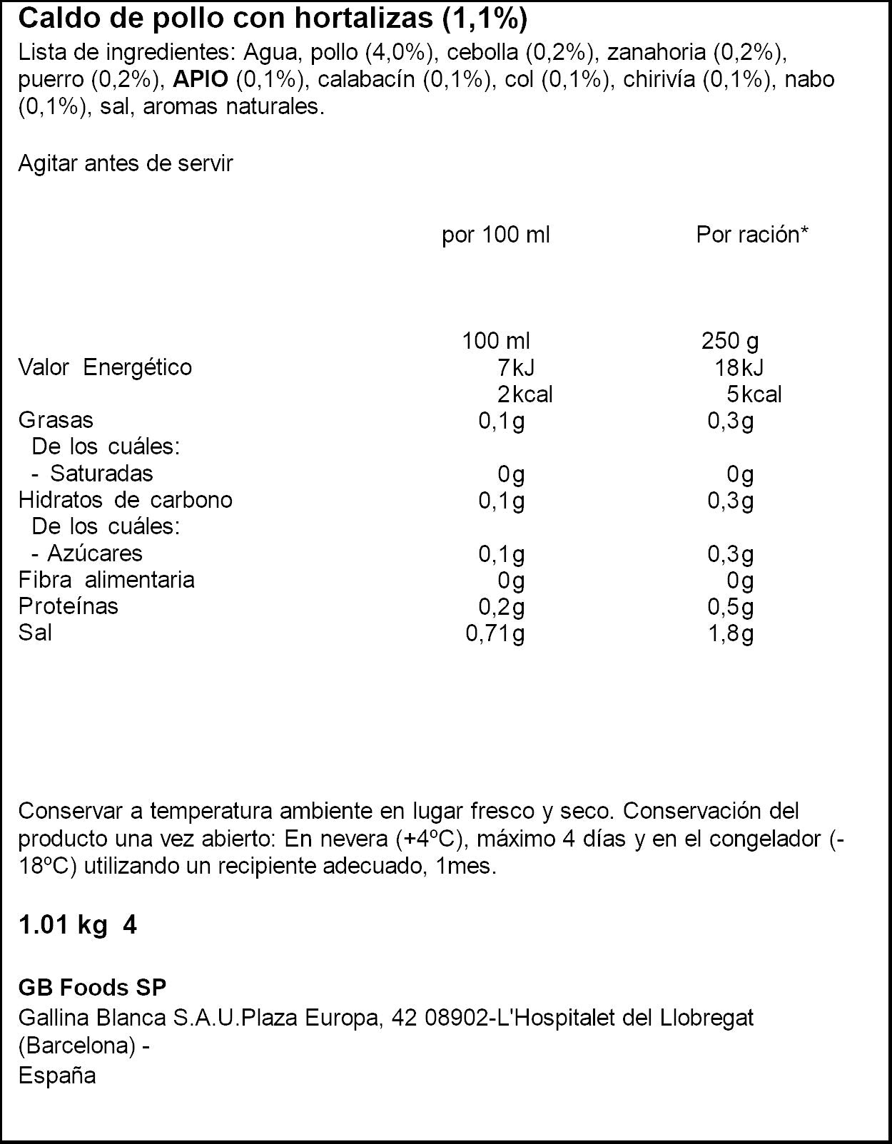 Caldo casero pollo y 8 verduras Gallina blanca 1l