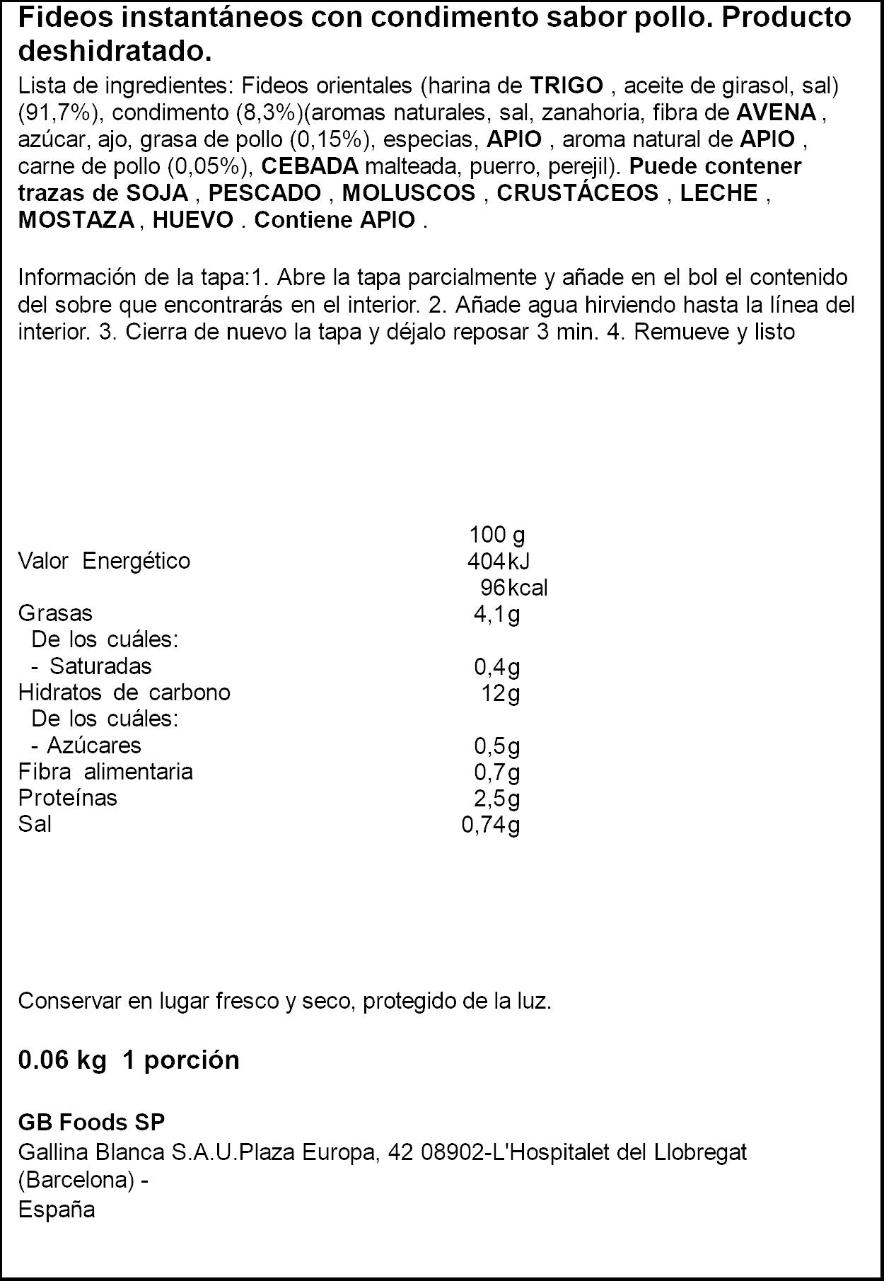 Fideos orientales pollo Yatekomo 60g