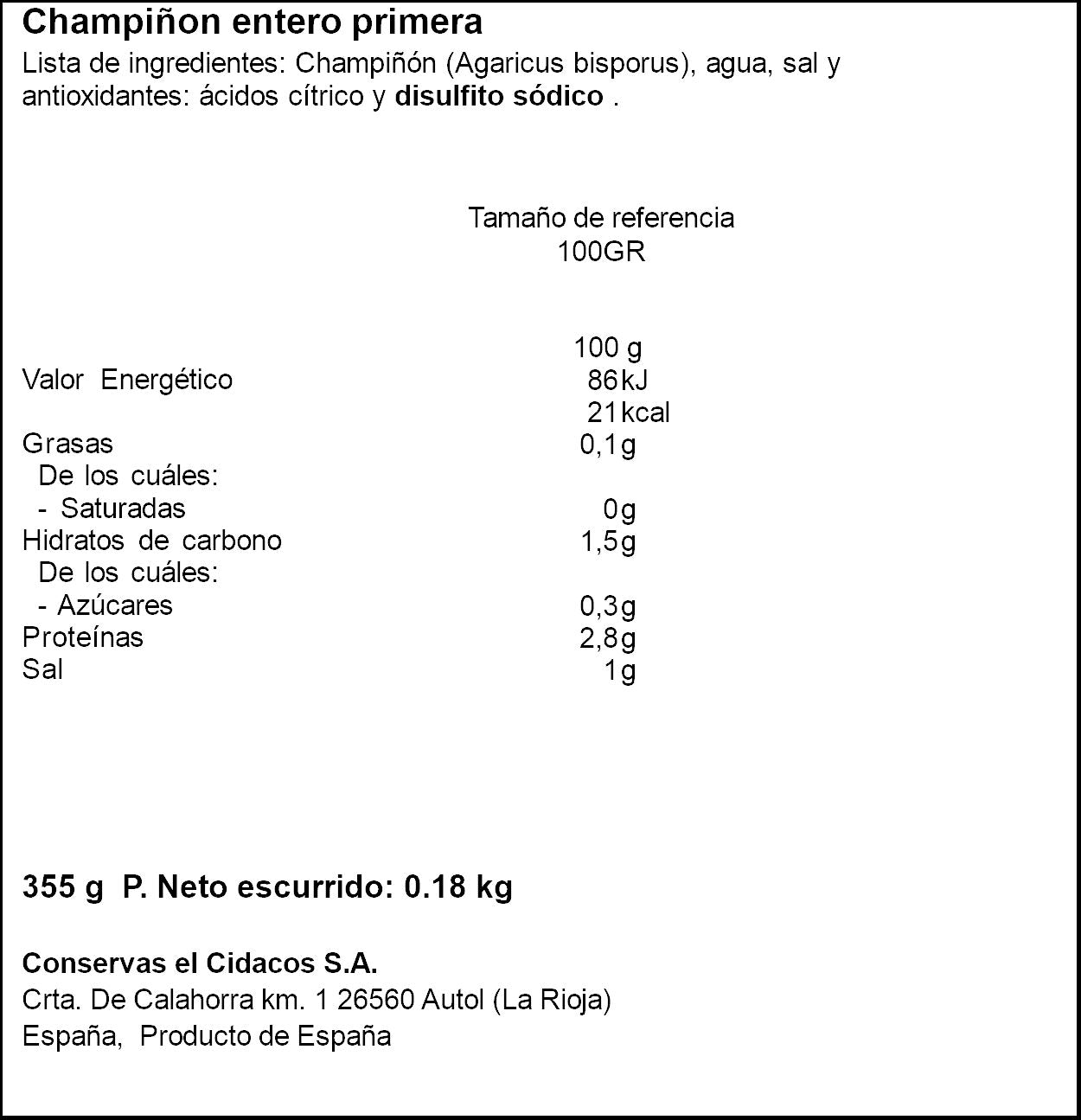 Champiñón entero lata ro-370 Cidacos 180g escurr